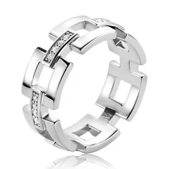 Mart Visser by ZINZI zilveren schakel ring 8mm breed en vierkante schakels, bezet met witte zirkonia's MVR27