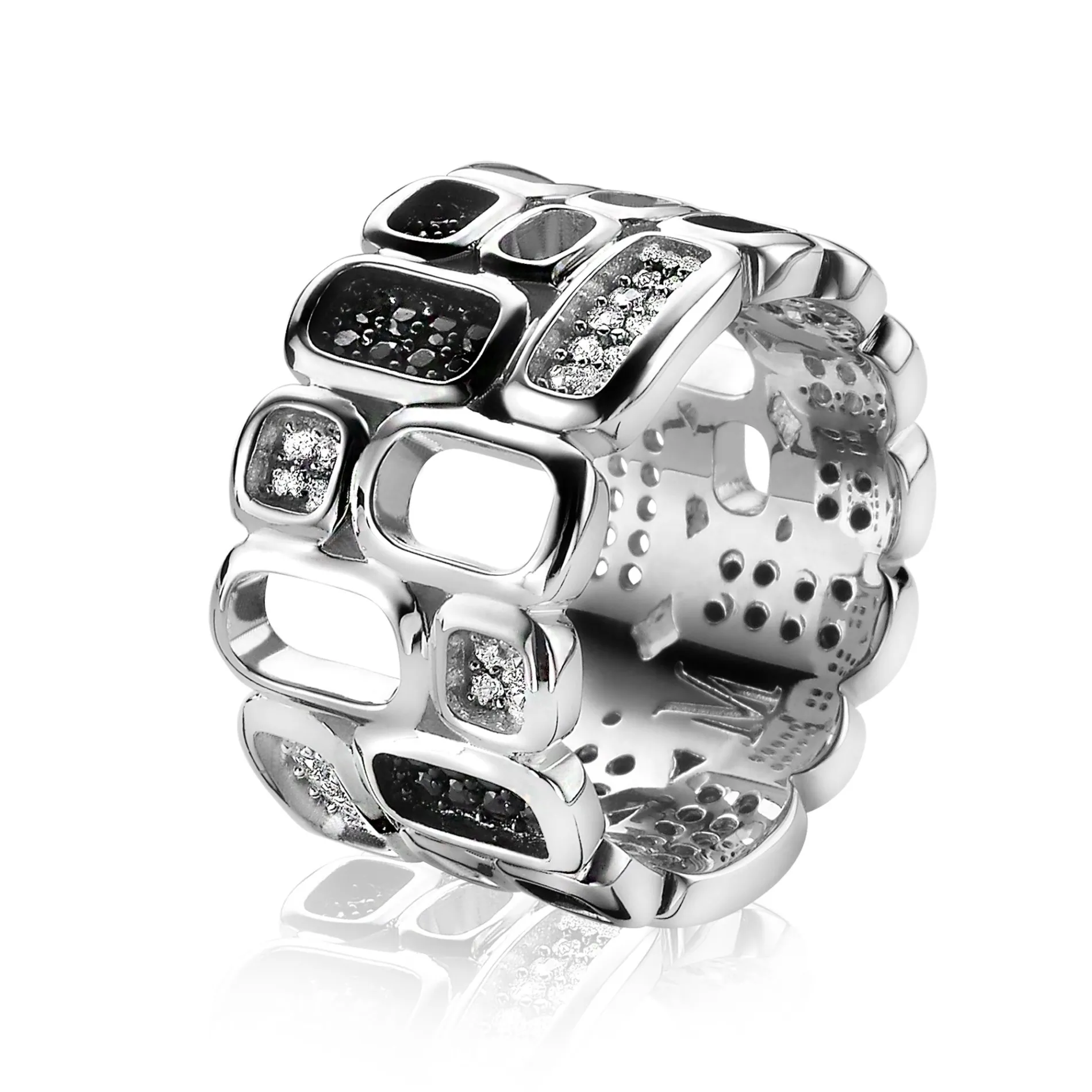 Mart Visser by ZINZI zilveren ring breed wit zwart 12mm MVR3Z