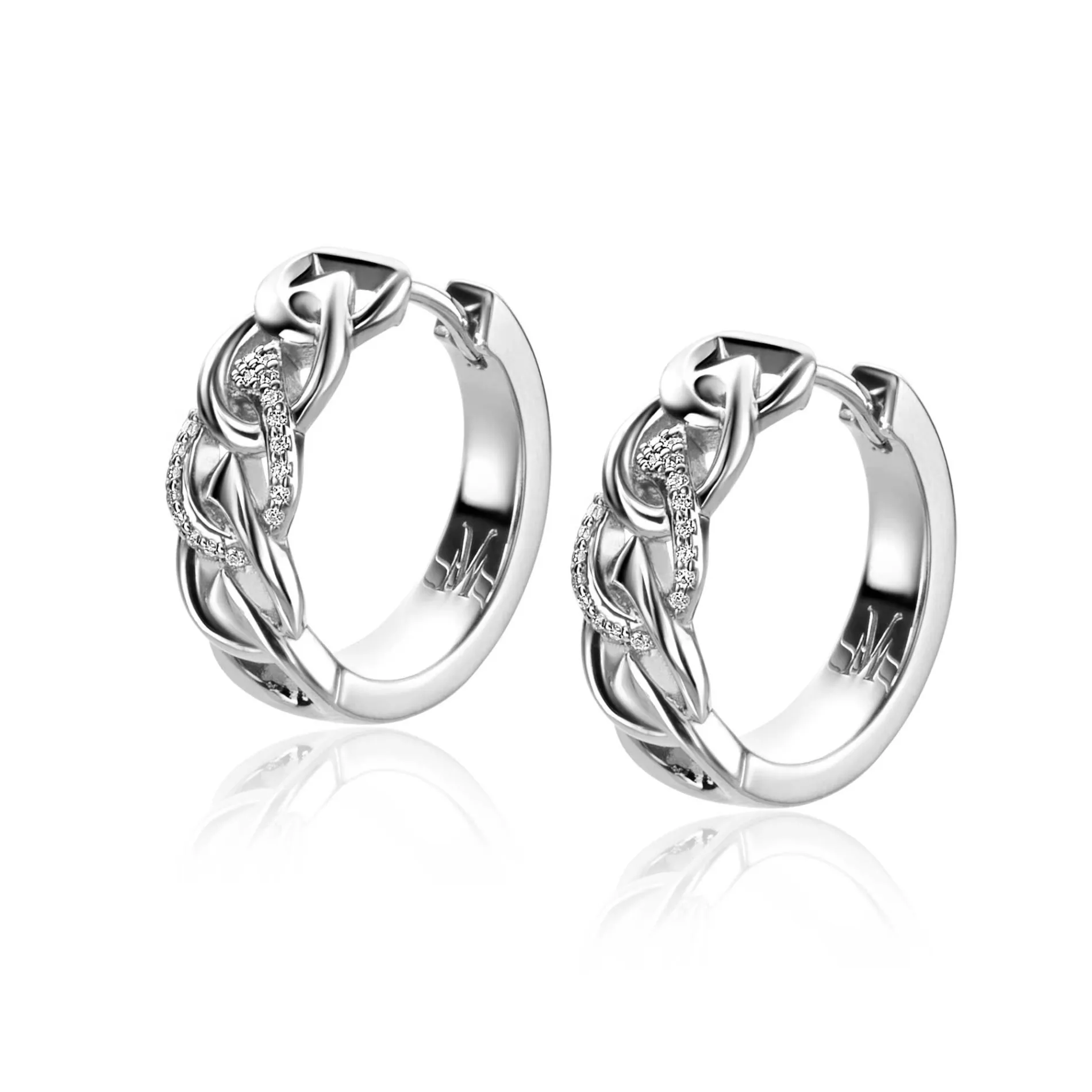 18mm Mart Visser by ZINZI zilveren oorringen met luxe scharniersluiting 18x6mm open peervormige schakels en bezet met witte zirconia's MVCR24