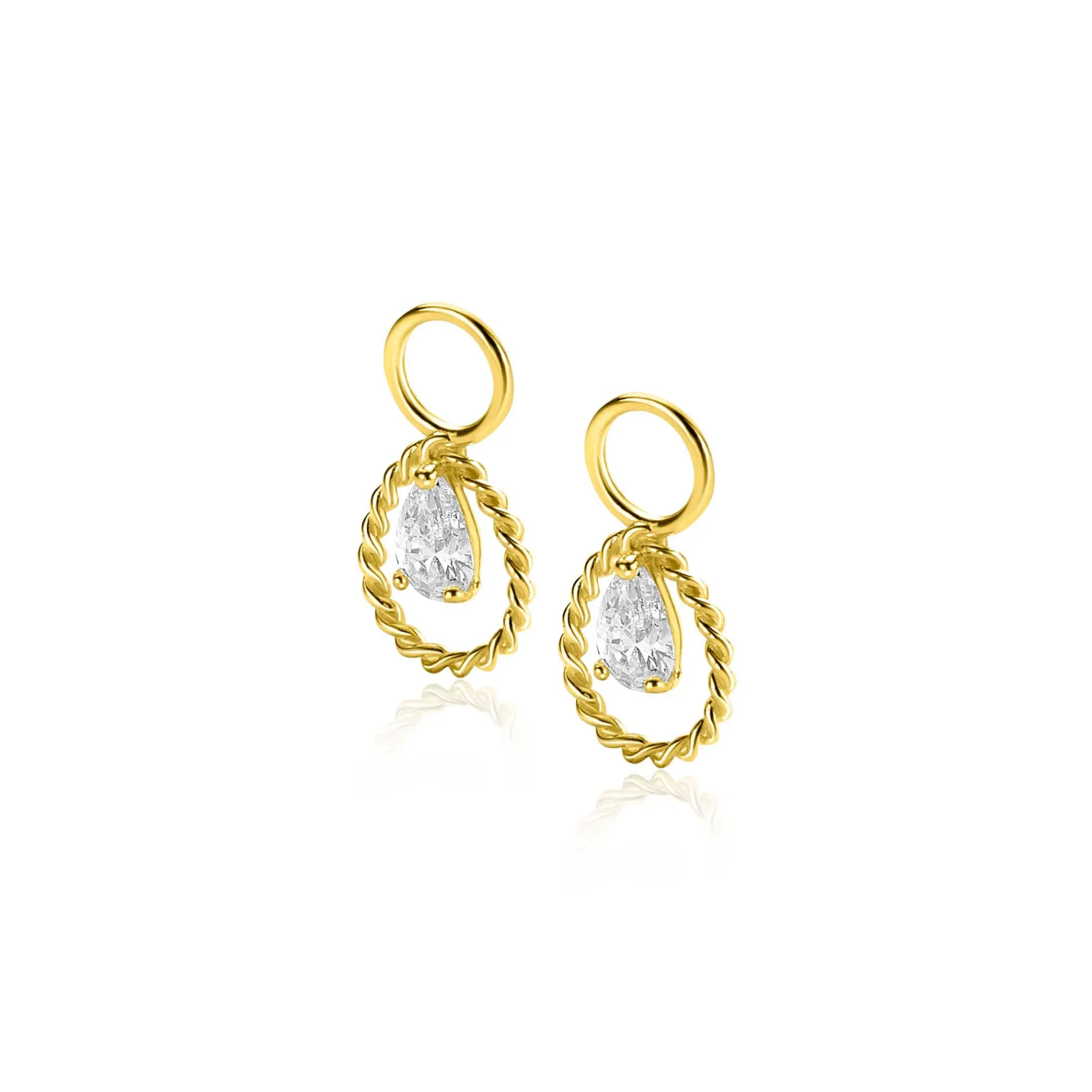 14mm ZINZI Gold 14 krt gouden oorbedels met open druppelvorm en peervormige witte zirconia ZGCH478 (zonder oorringen)
