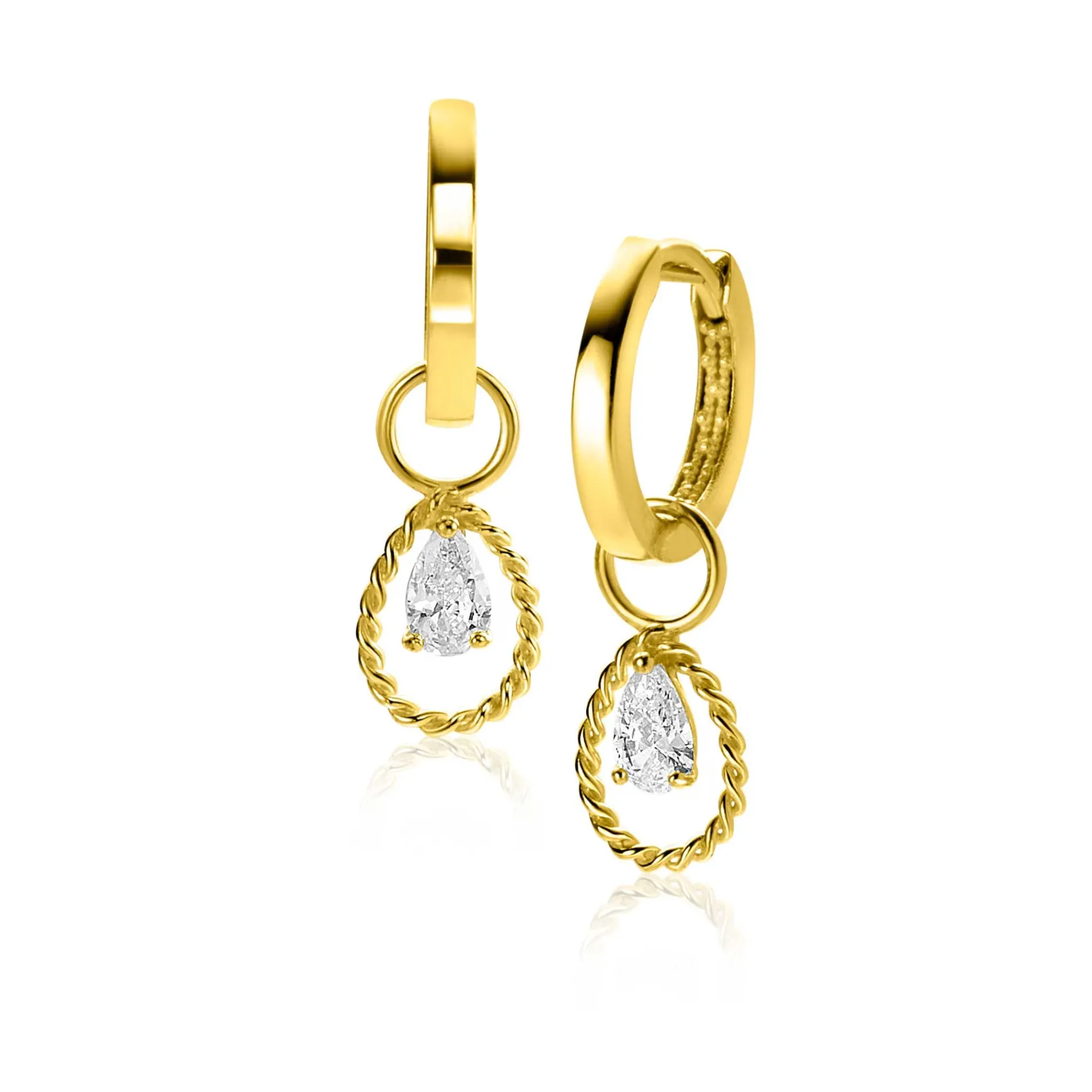 14mm ZINZI Gold 14 krt gouden oorbedels met open druppelvorm en peervormige witte zirconia ZGCH478 (zonder oorringen)