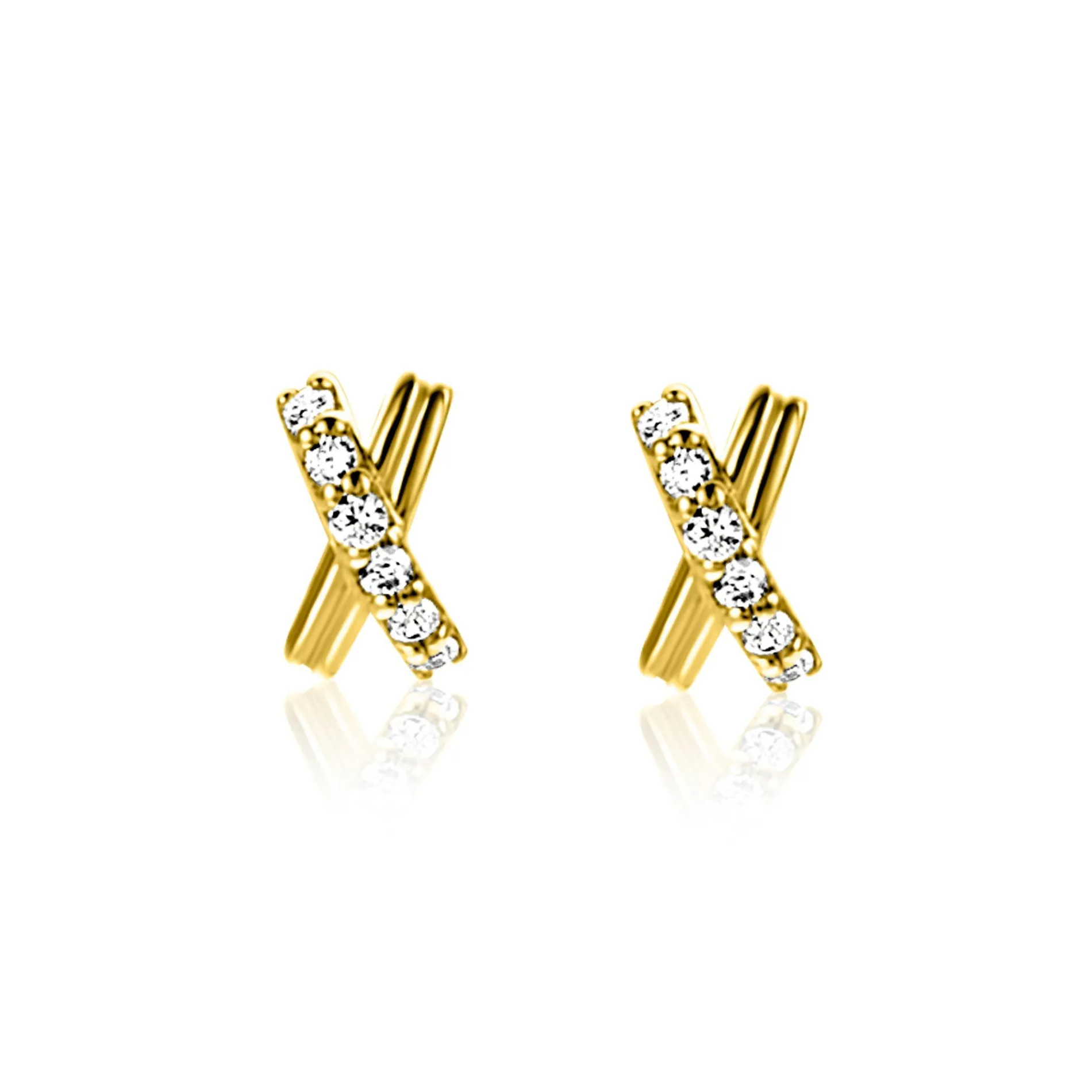6mm ZINZI Gold 14 krt gouden oorstekers met X-vorm, bezet met witte zirkonia's ZGO549