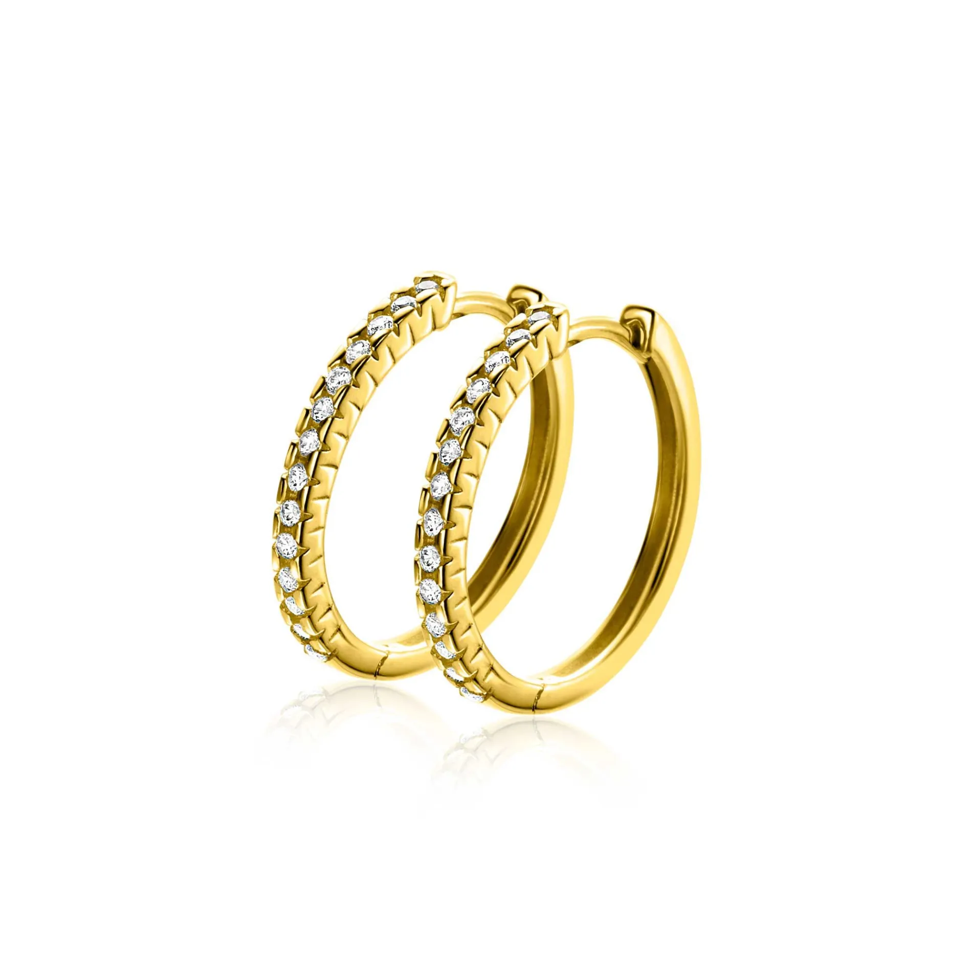 17mm ZINZI Gold 14 krt gouden oorringen bezet met witte zirconia's met luxe klapsluiting 17mm x 1,7mm vierkante buis ZGO506