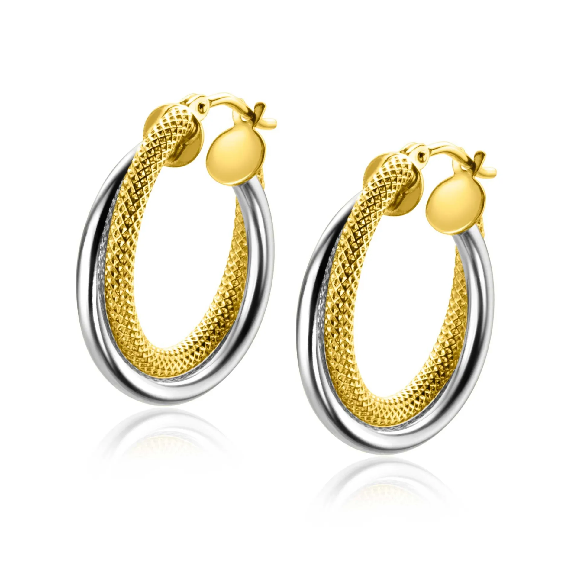 19mm ZINZI Gold 14 krt gouden bicolor oorringen waarbij sierlijk twee buizen over elkaar lopen. Voor een mooie multi-look uitstraling. ZGO336