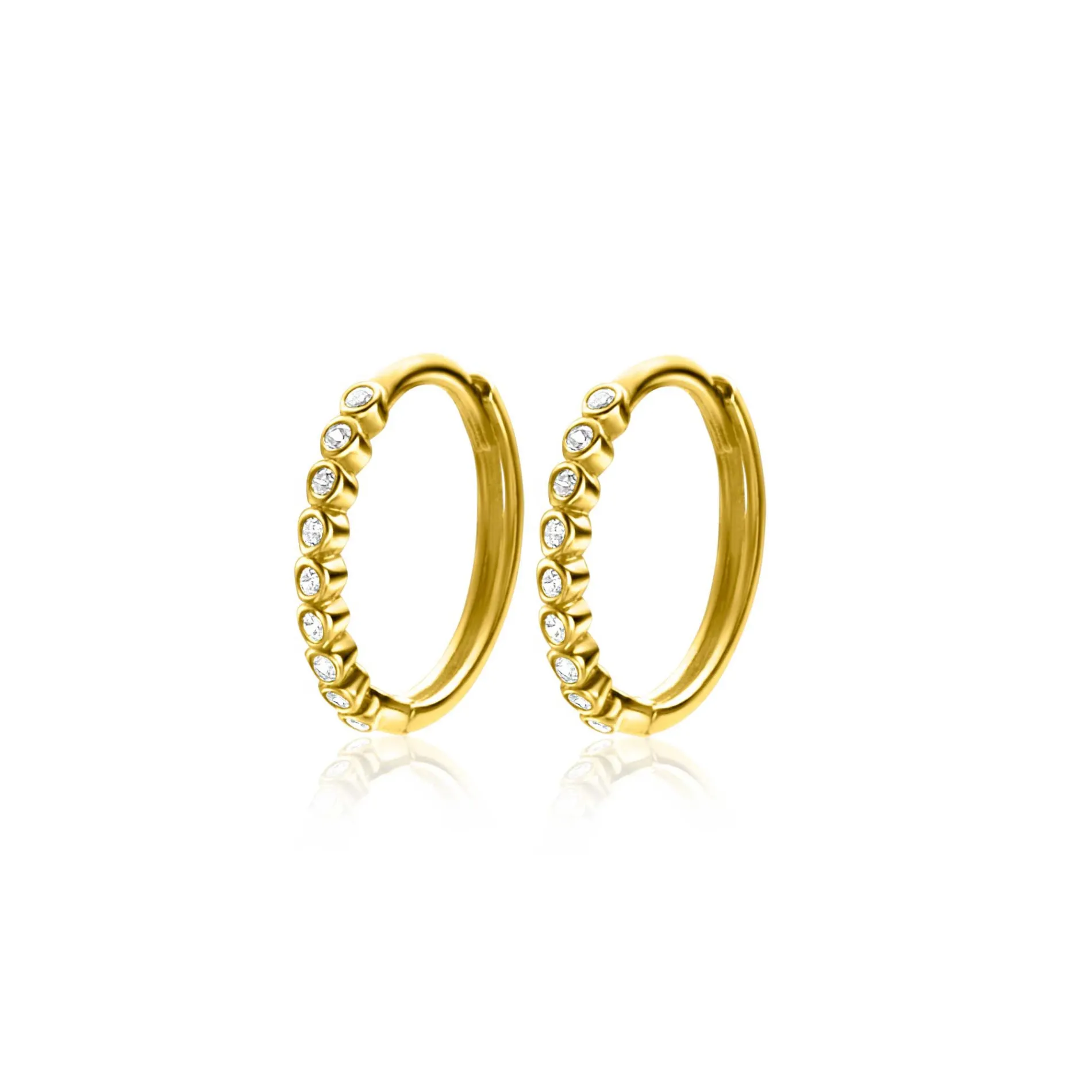 12mm ZINZI Gold 14 krt gouden oorringen bezet met witte zirconia's, luxe klapsluiting 12 x 1,5mm ZGO409