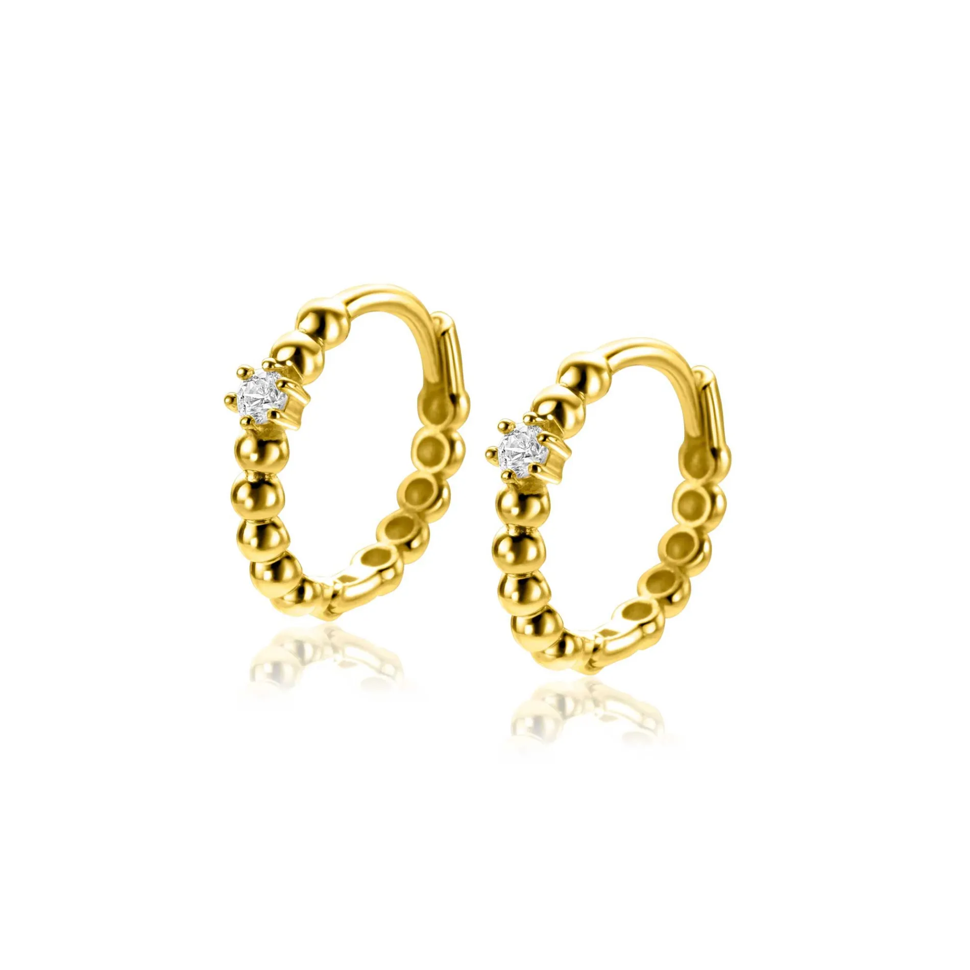 13mm ZINZI Gold 14 krt gouden oorringen met bolletjes design en een ronde witte zirkonia, met luxe klapsluiting 13 x 2mm ZGO527