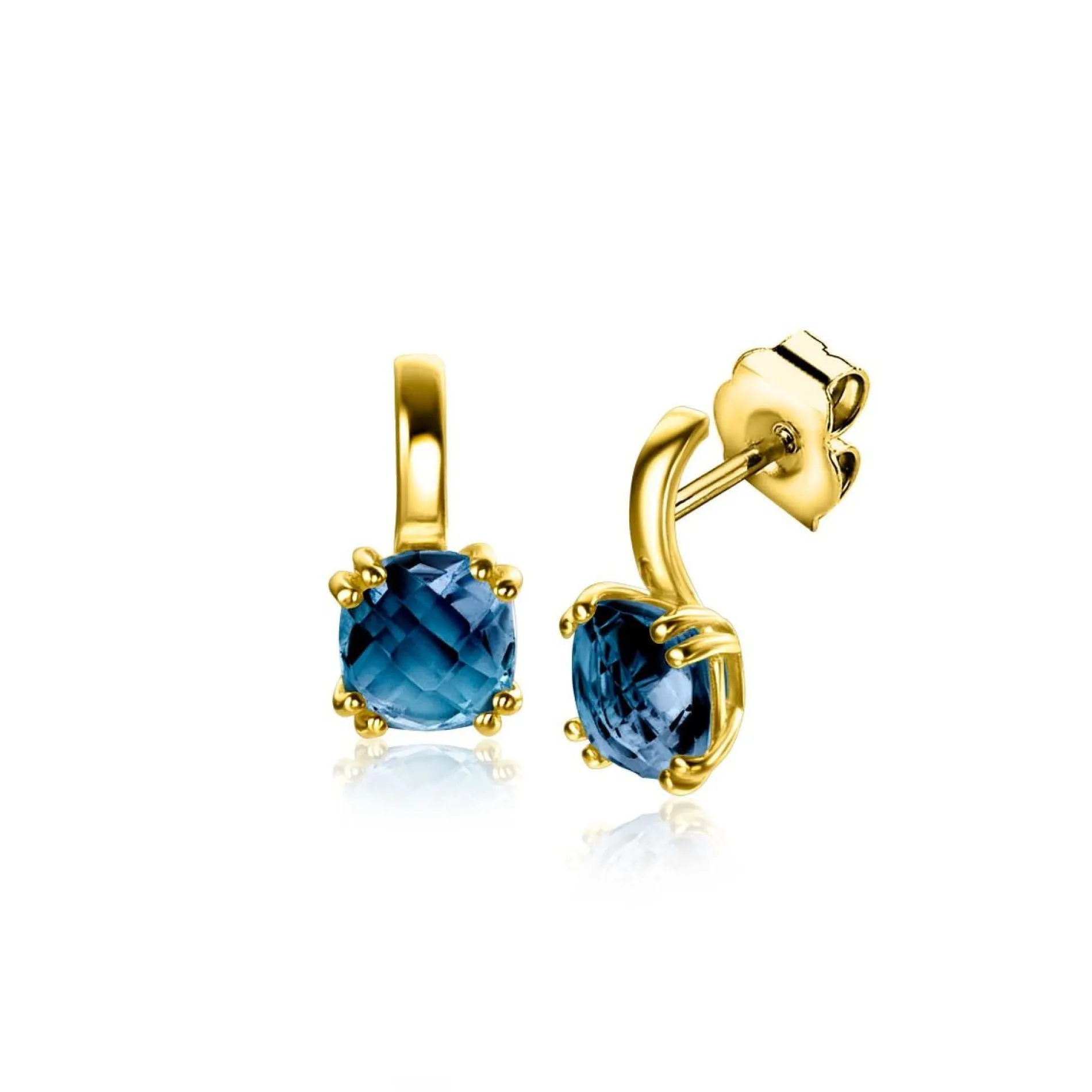 13mm ZINZI Gold 14 krt gouden oorsieraden met vierkante kleursteen in 6,5mm bezet met Londen topaas ZGO537