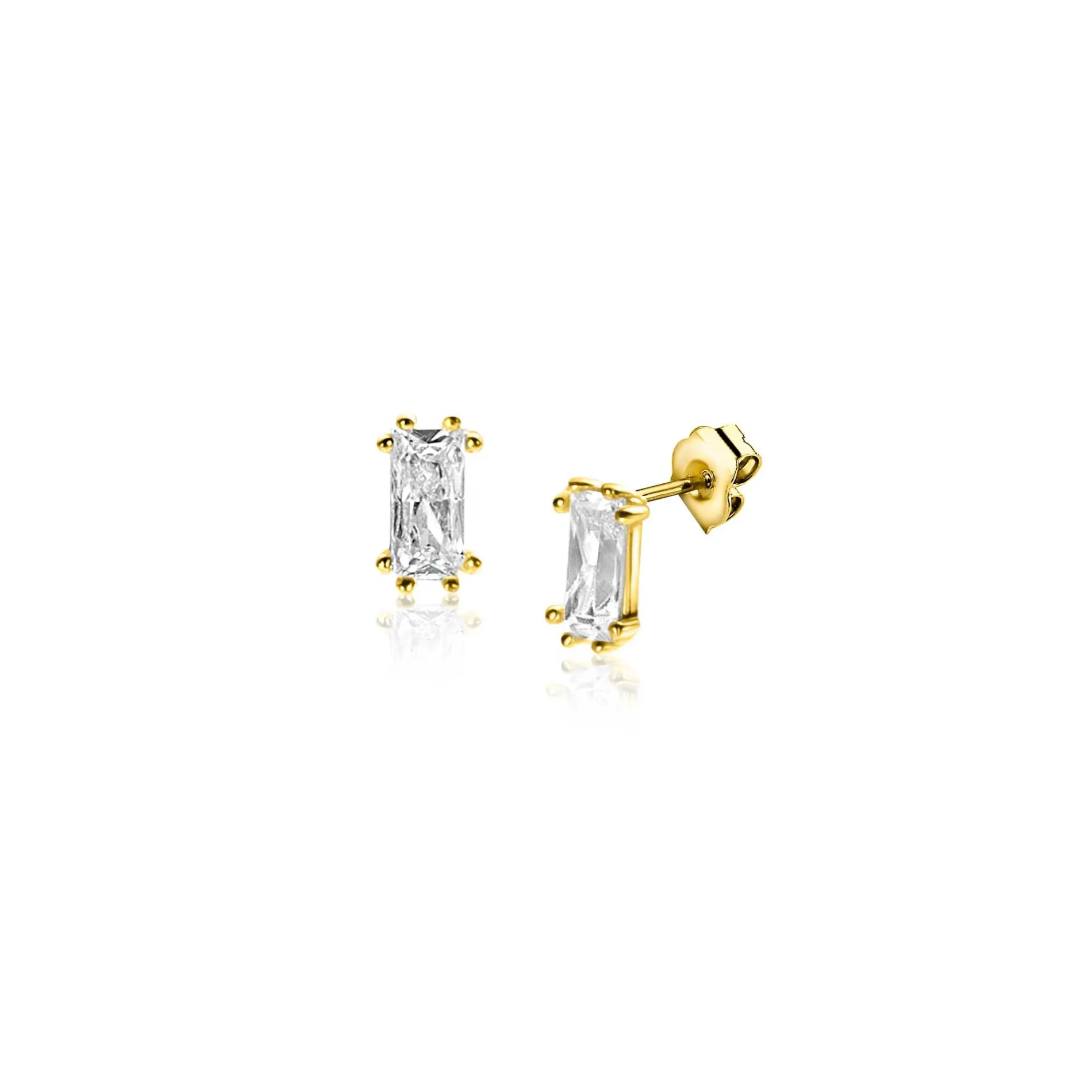 5mm ZINZI Gold 14 krt gouden oorknoppen achtpootszetting met baguette geslepen rechthoekige witte zirconia ZGO369