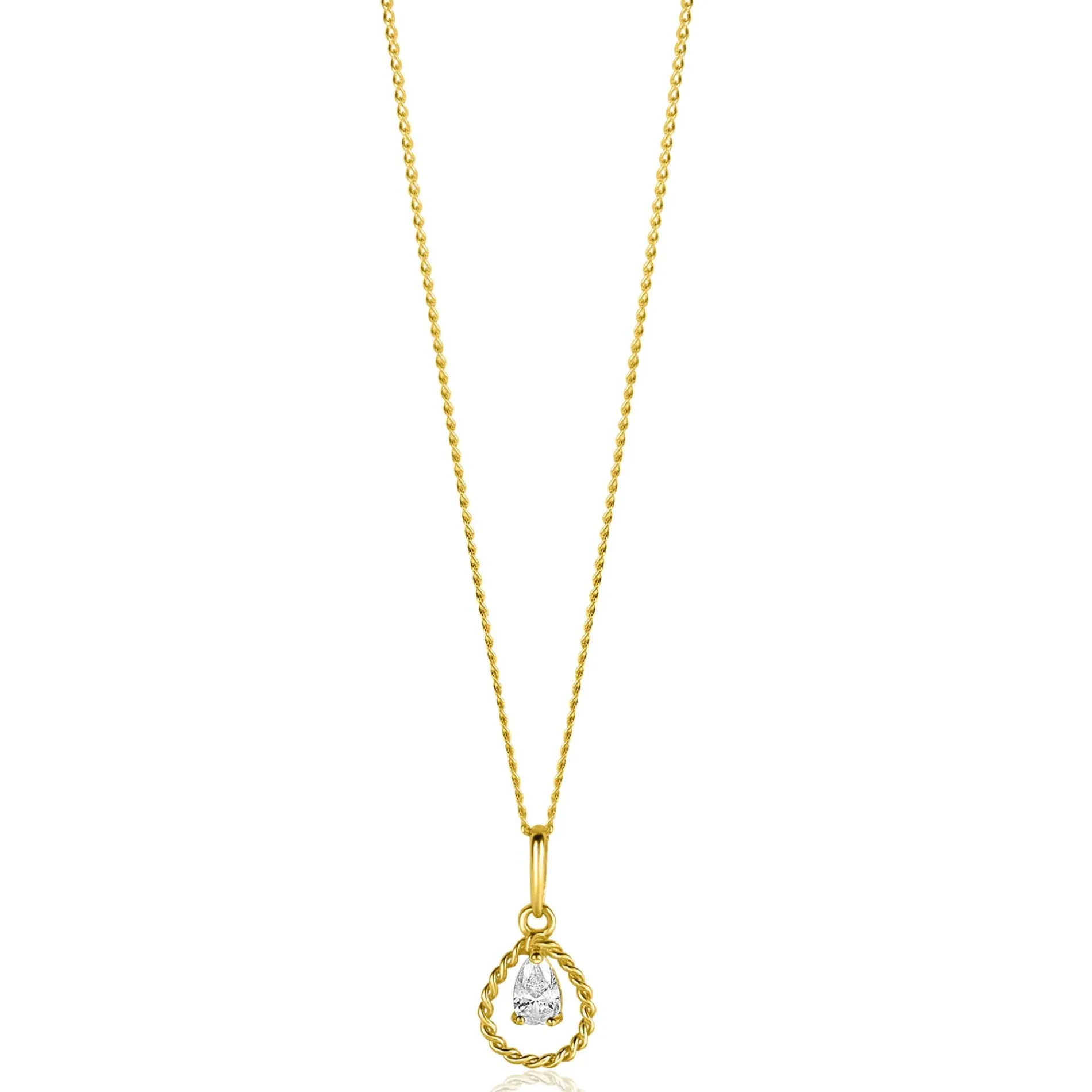 16mm ZINZI Gold 14 krt gouden hanger met open druppelvorm en peervormige witte zirconia ZGH478 (zonder collier)