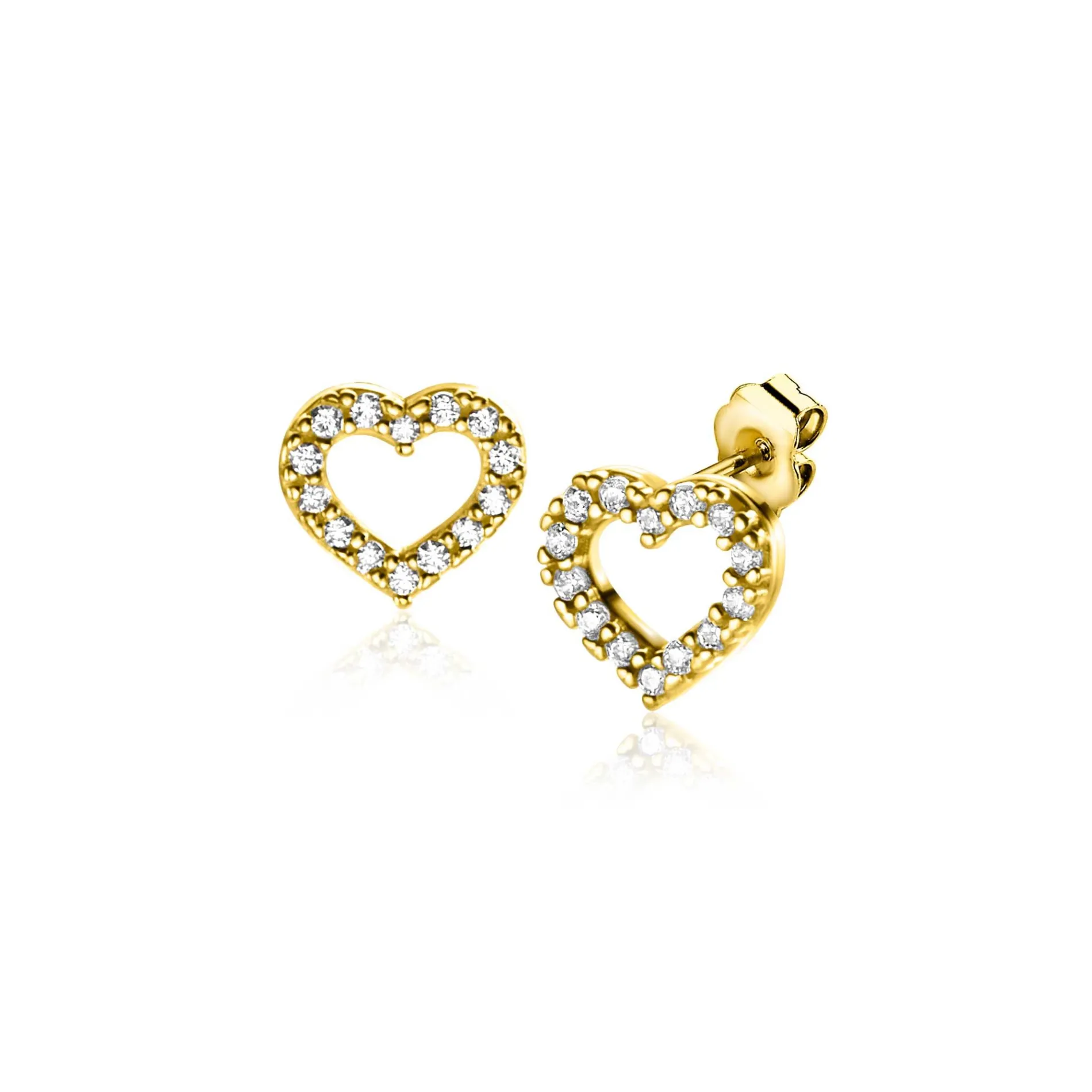 7mm ZINZI Gold 14 krt gouden oorknoppen open hartje bezet met witte zirconia's ZGO450