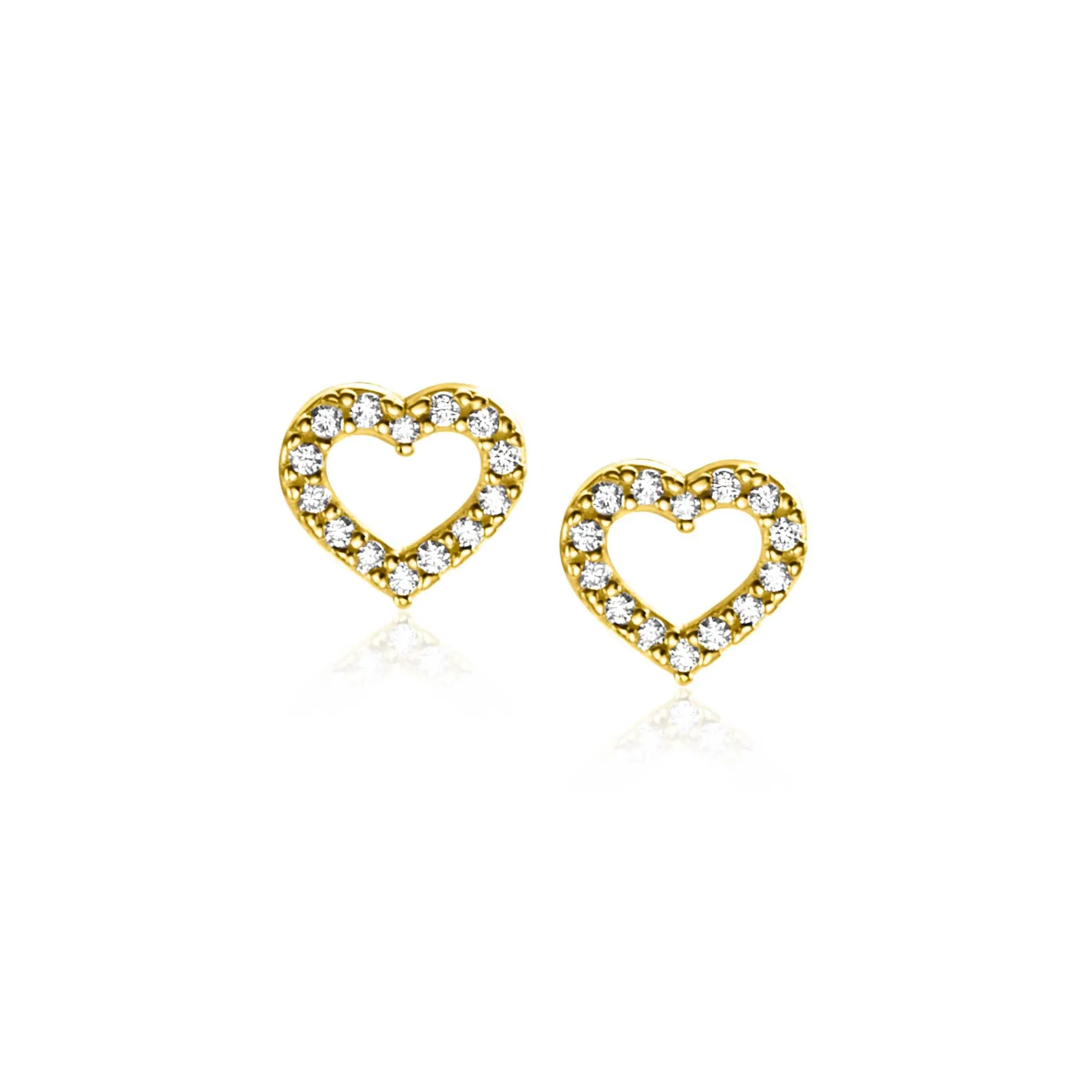 7mm ZINZI Gold 14 krt gouden oorknoppen open hartje bezet met witte zirconia's ZGO450