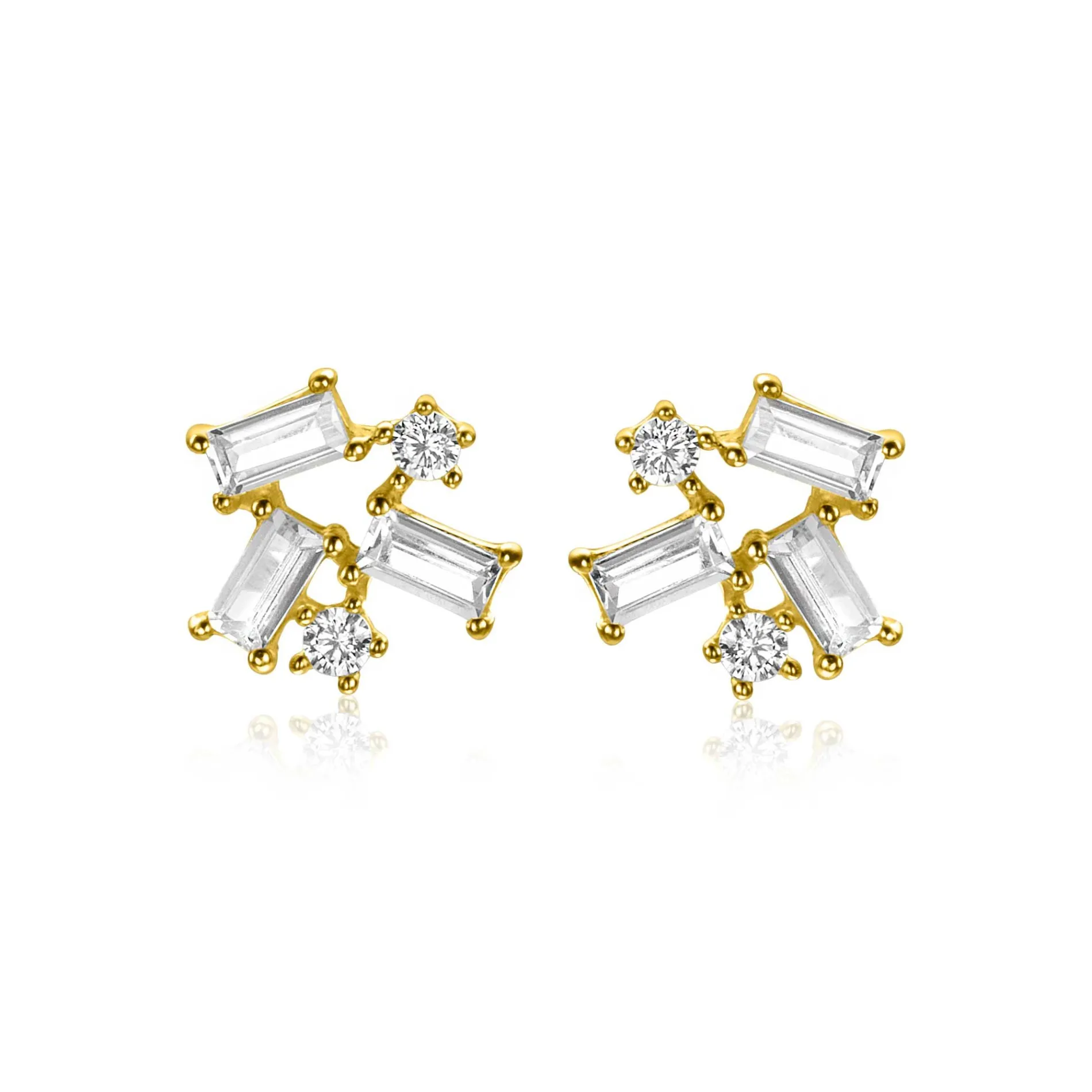 8mm ZINZI Gold 14 krt gouden fantasie oorknoppen met rechthoekige baguette geslepen zirkonia's en ronde witte zirkonia's ZGO511