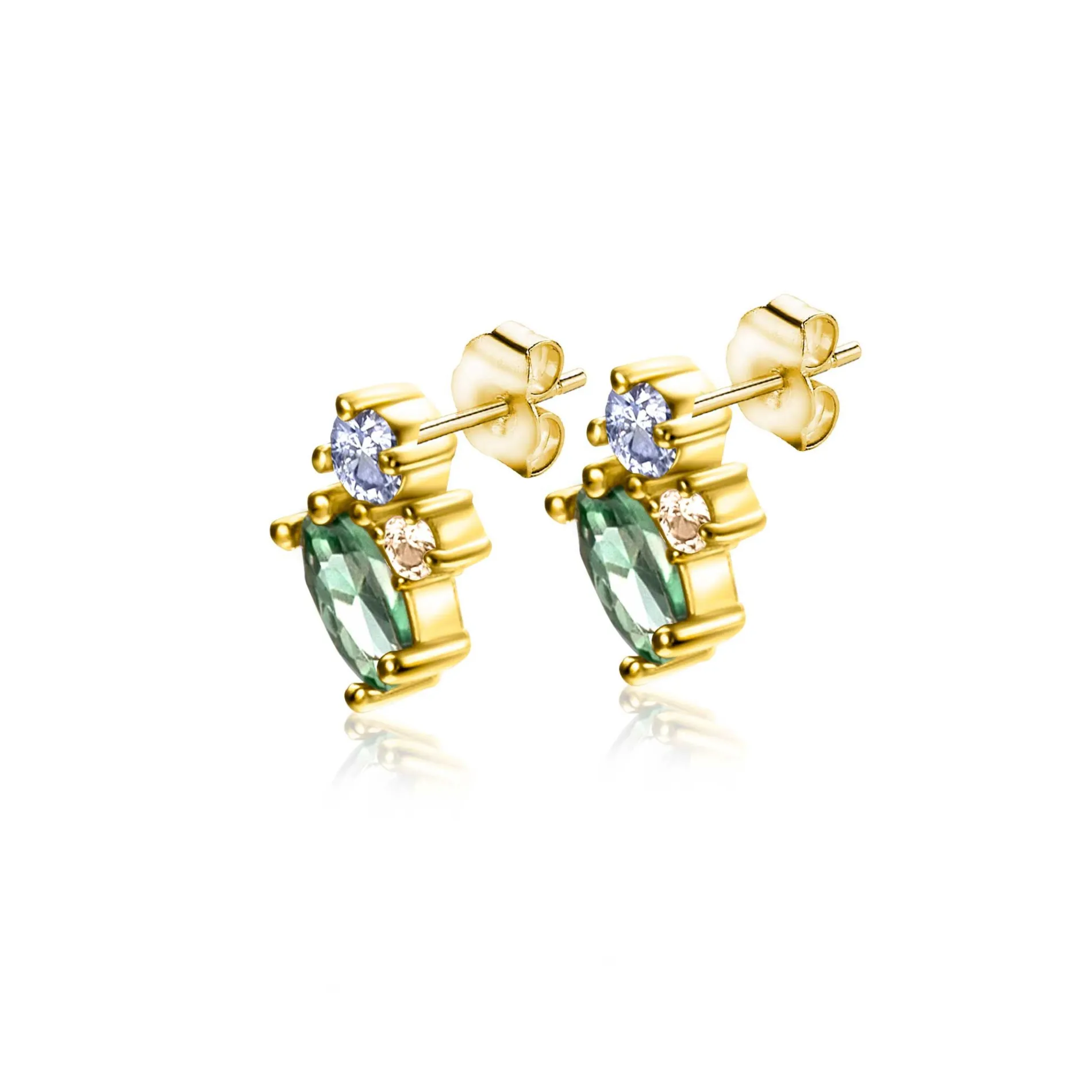 8mm ZINZI Gold 14 krt gouden fantasie oorstekers bezet met champagne, lichtblauwe en groene zirconia's ZGO379