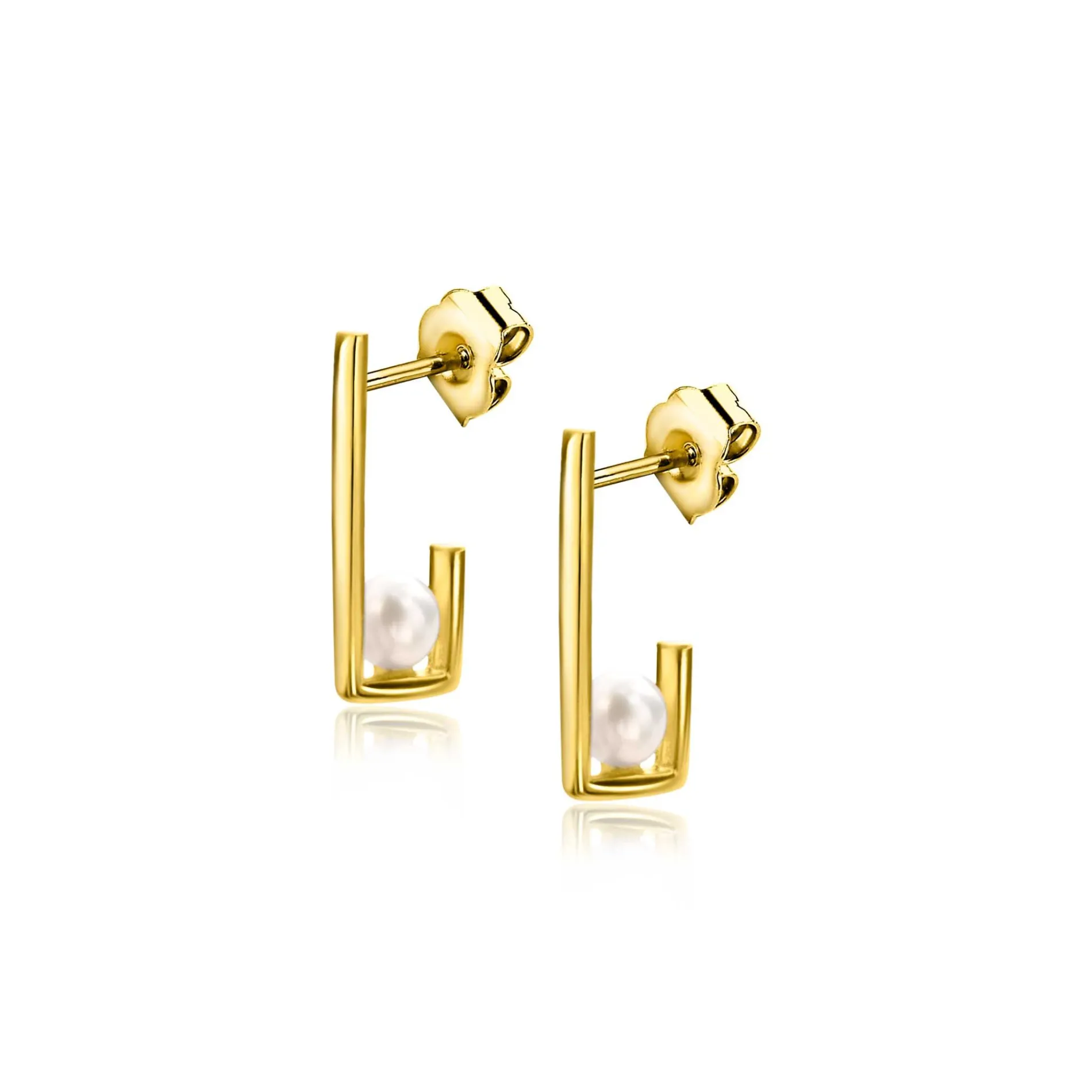14mm ZINZI Gold 14 krt gouden oorstekers met rechthoekige vorm, bezet met een kleine witte parel ZGO416