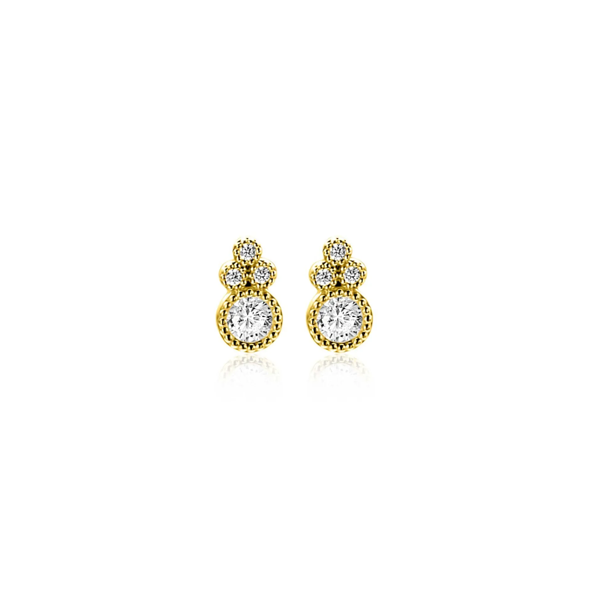 7mm ZINZI Gold 14 krt gouden fantasie oorstekers, bezet met witte zirkonia's ZGO545