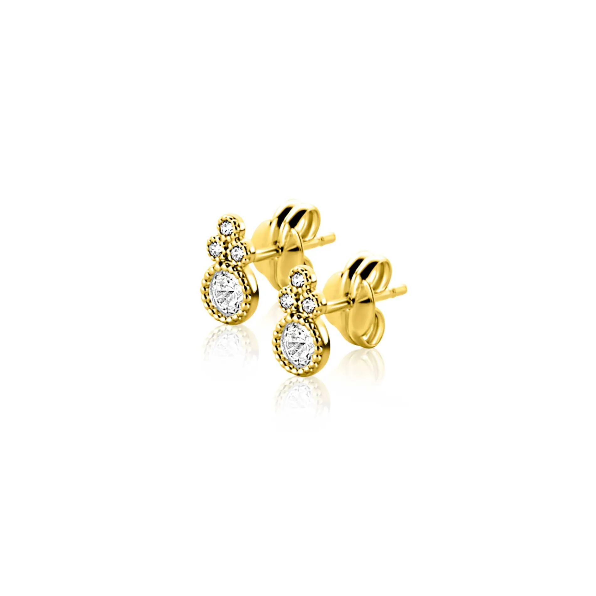 7mm ZINZI Gold 14 krt gouden fantasie oorstekers, bezet met witte zirkonia's ZGO545