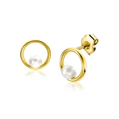 8mm ZINZI Gold 14 krt gouden oorstekers met open ronde vorm, bezet met een kleine witte parel ZGO418