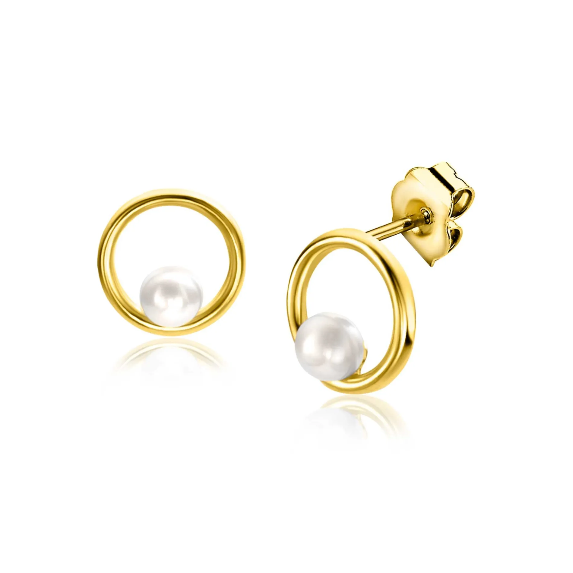 8mm ZINZI Gold 14 krt gouden oorstekers met open ronde vorm, bezet met een kleine witte parel ZGO418
