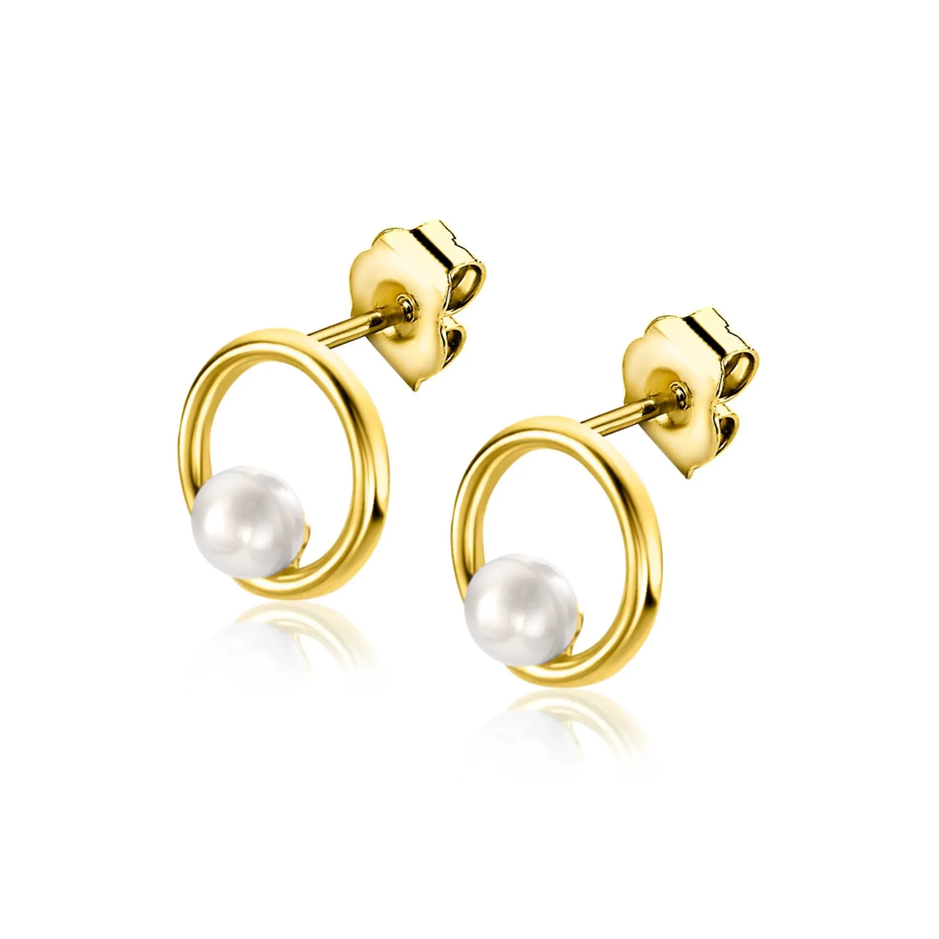8mm ZINZI Gold 14 krt gouden oorstekers met open ronde vorm, bezet met een kleine witte parel ZGO418