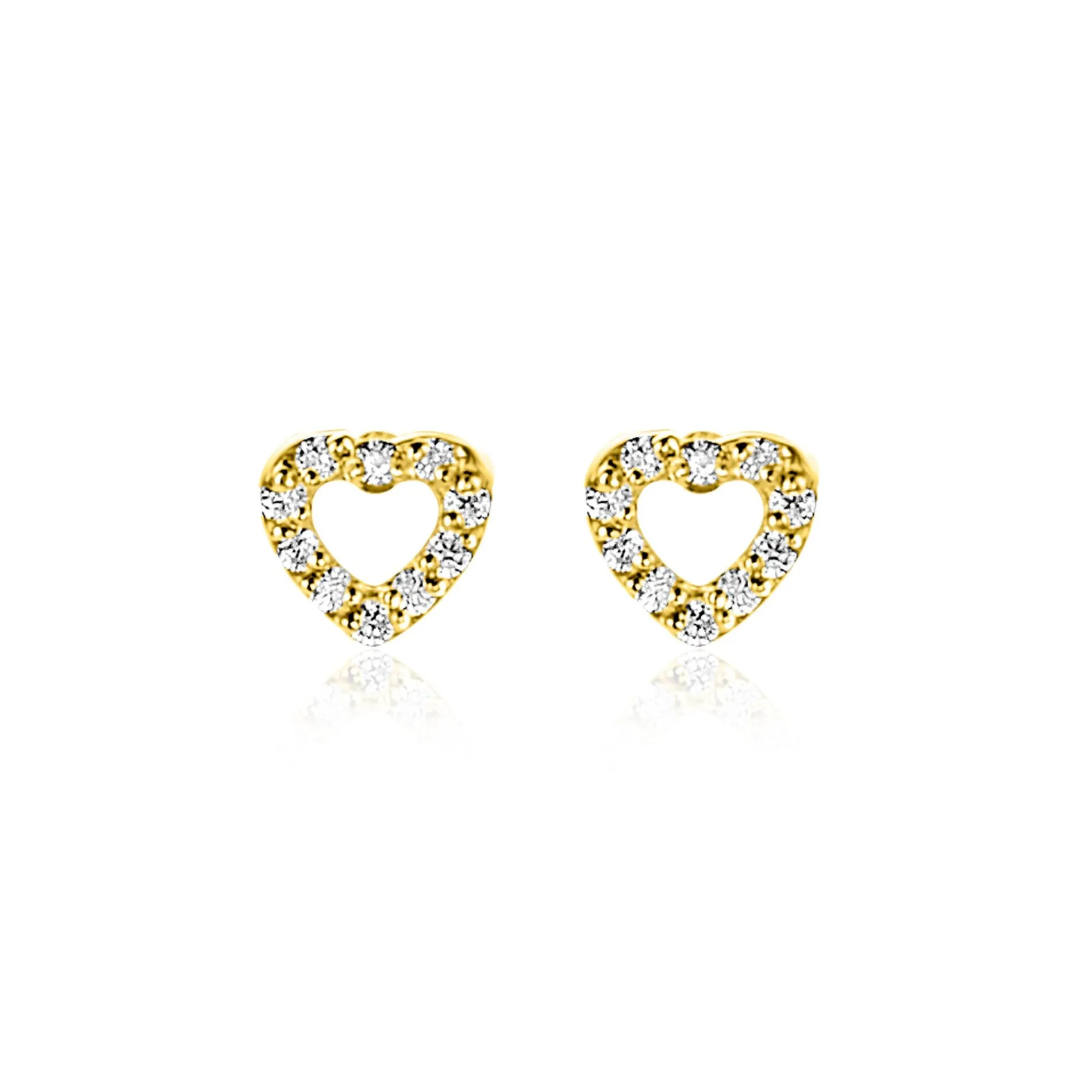 5mm ZINZI Gold 14 krt gouden oorknoppen open hartje bezet met witte zirkonia's ZGO551