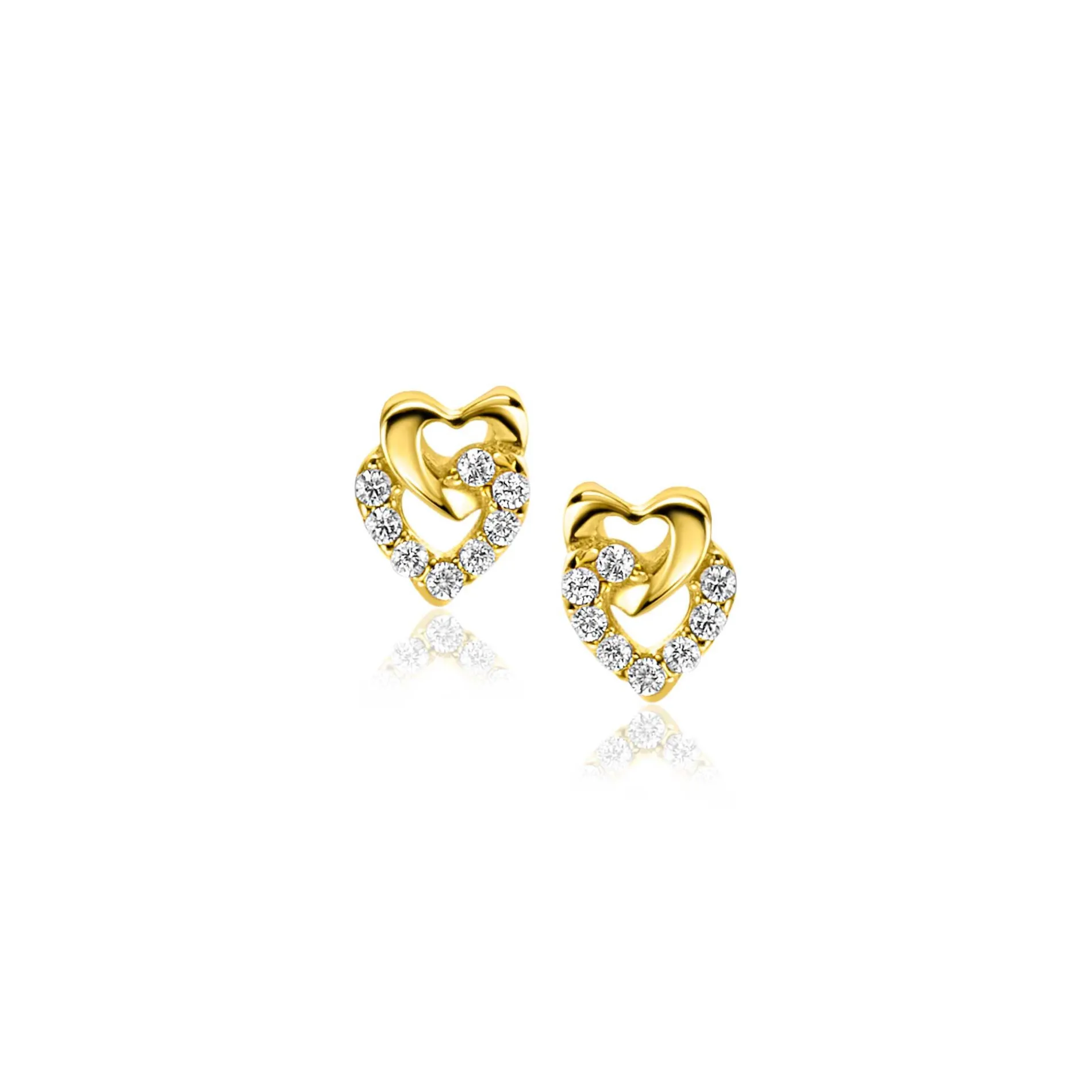 6mm ZINZI Gold 14 krt gouden oorstekers verbonden open hartjes, glad en bezet met witte zirconia's ZGO472