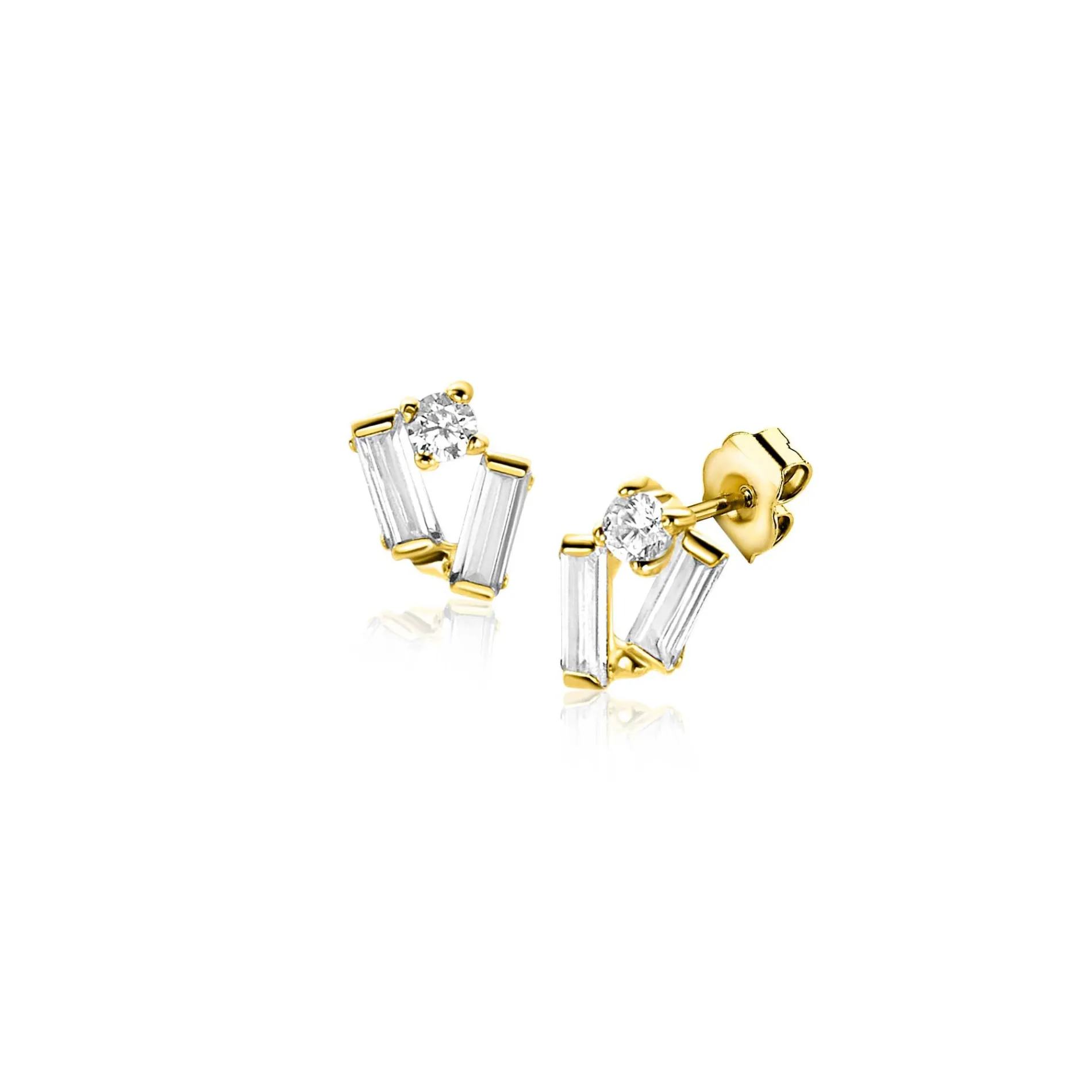 6mm ZINZI Gold 14 krt gouden fantasie oorstekers bezet met rechthoekige baguette geslepen witte zirconia's en een ronde witte zirconia ZGO465