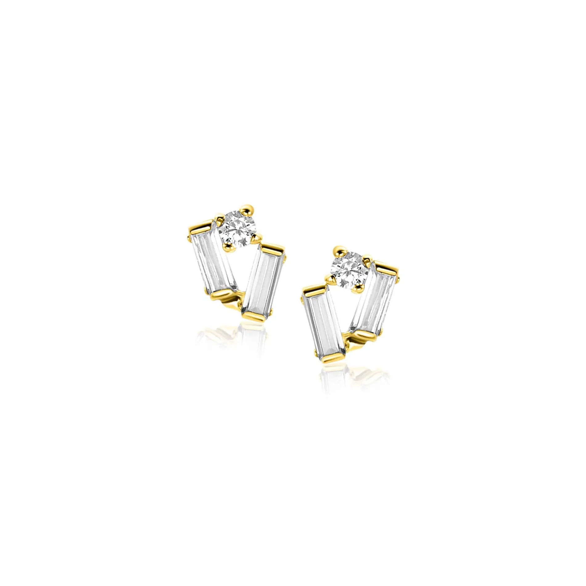 6mm ZINZI Gold 14 krt gouden fantasie oorstekers bezet met rechthoekige baguette geslepen witte zirconia's en een ronde witte zirconia ZGO465