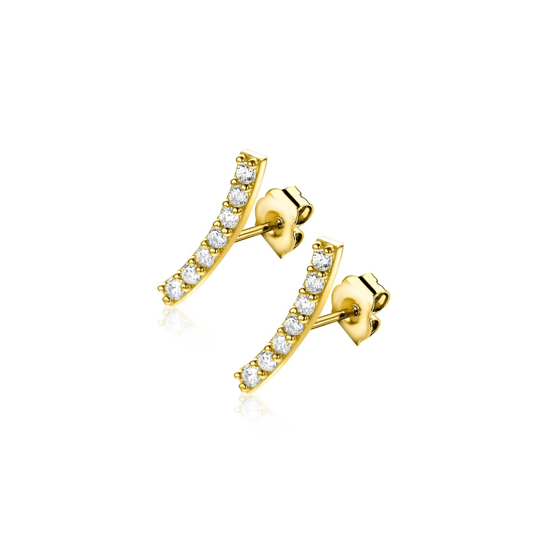 11mm ZINZI Gold 14 krt gouden oorknoppen in kwart cirkel, bezet met zeven witte zirkonia's ZGO517