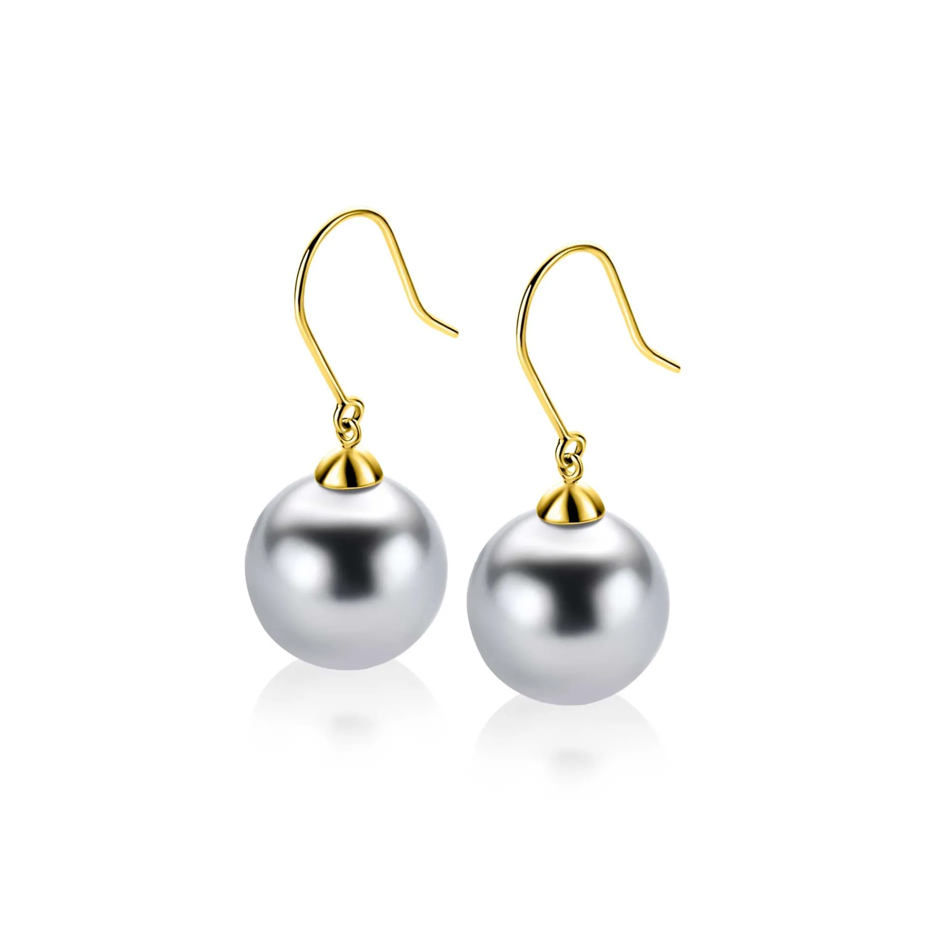 30mm ZINZI Gold 14 krt gouden oorhangers met ronde grijze Swarovski crystal parel 12mm ZGO25GR