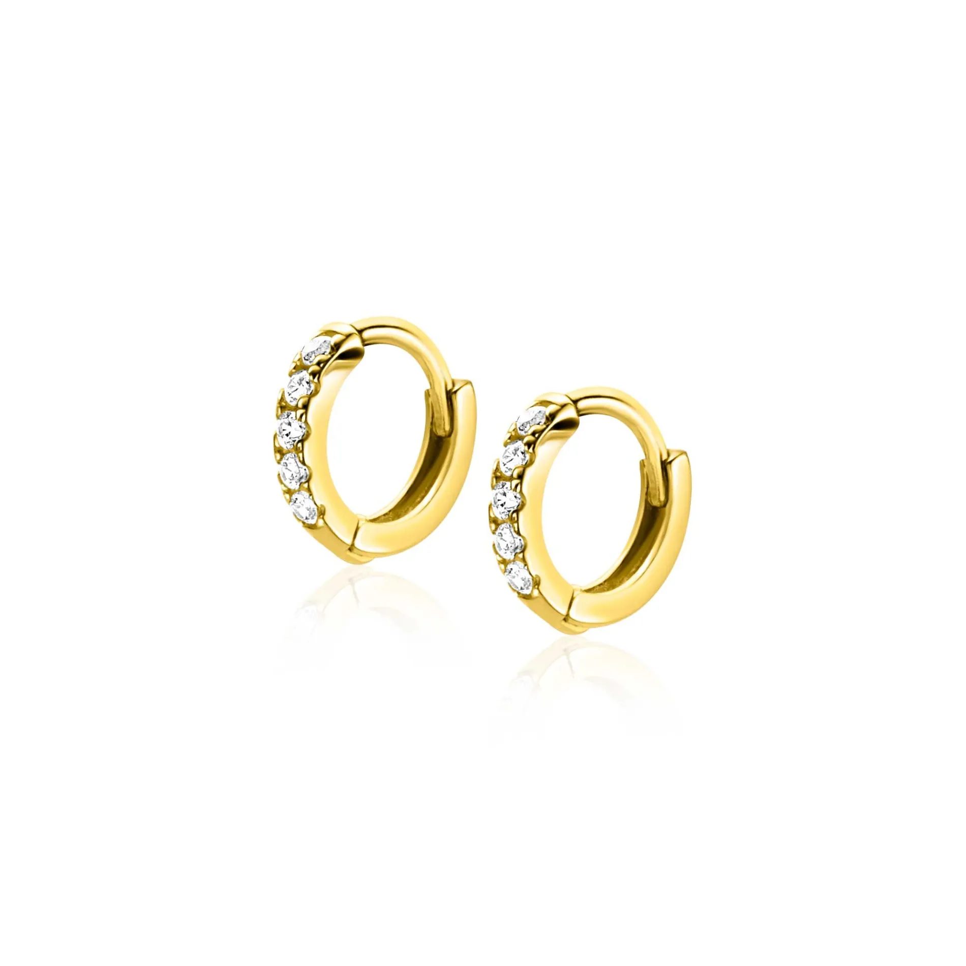 8mm ZINZI Gold 14 krt gouden oorringen bezet met witte zirconia's, luxe klapsluiting 8x1,6mm ZGO467