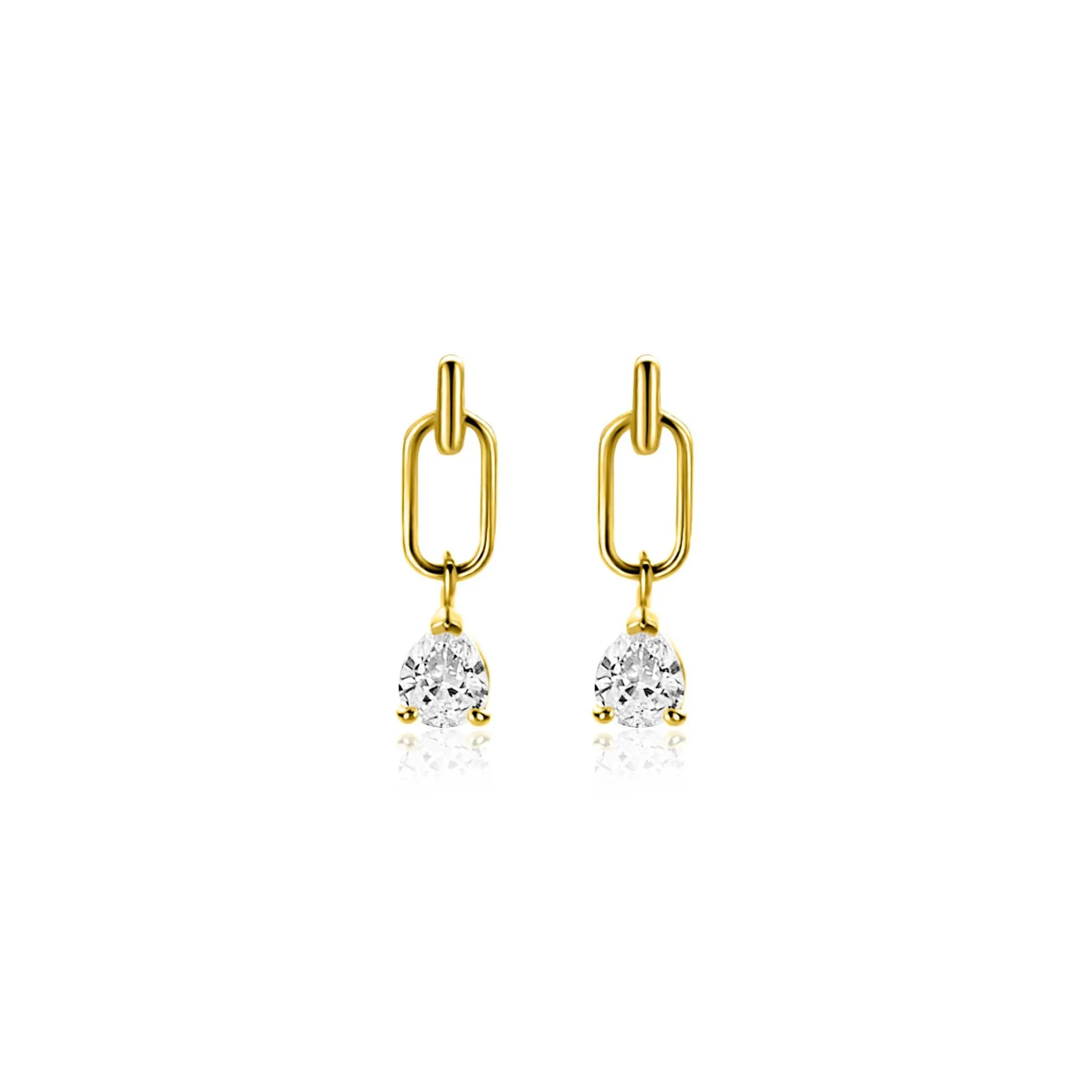 12mm ZINZI Gold 14 krt gouden oorstekers, open ovaal met peervormige witte zirkonia ZGO548
