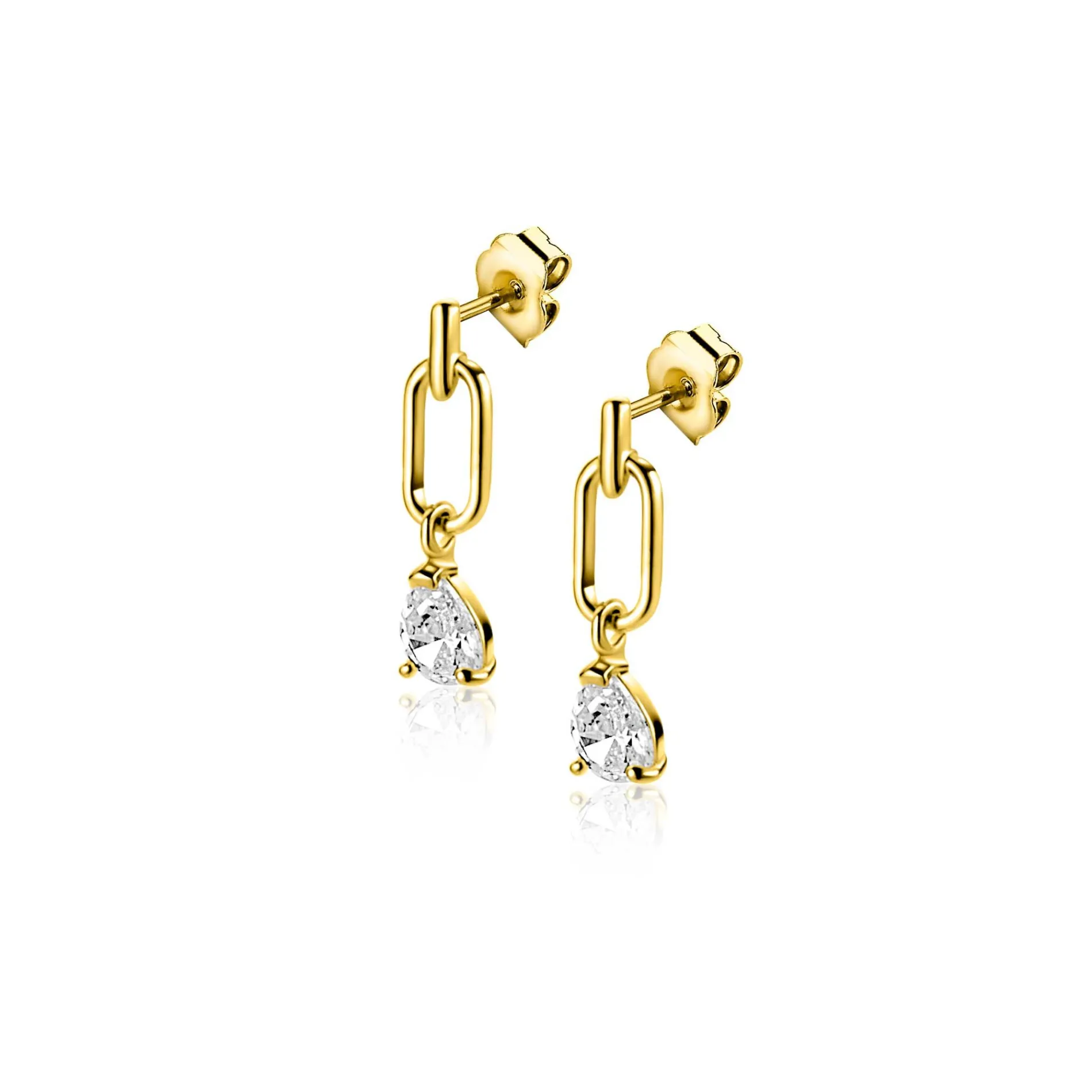 12mm ZINZI Gold 14 krt gouden oorstekers, open ovaal met peervormige witte zirkonia ZGO548