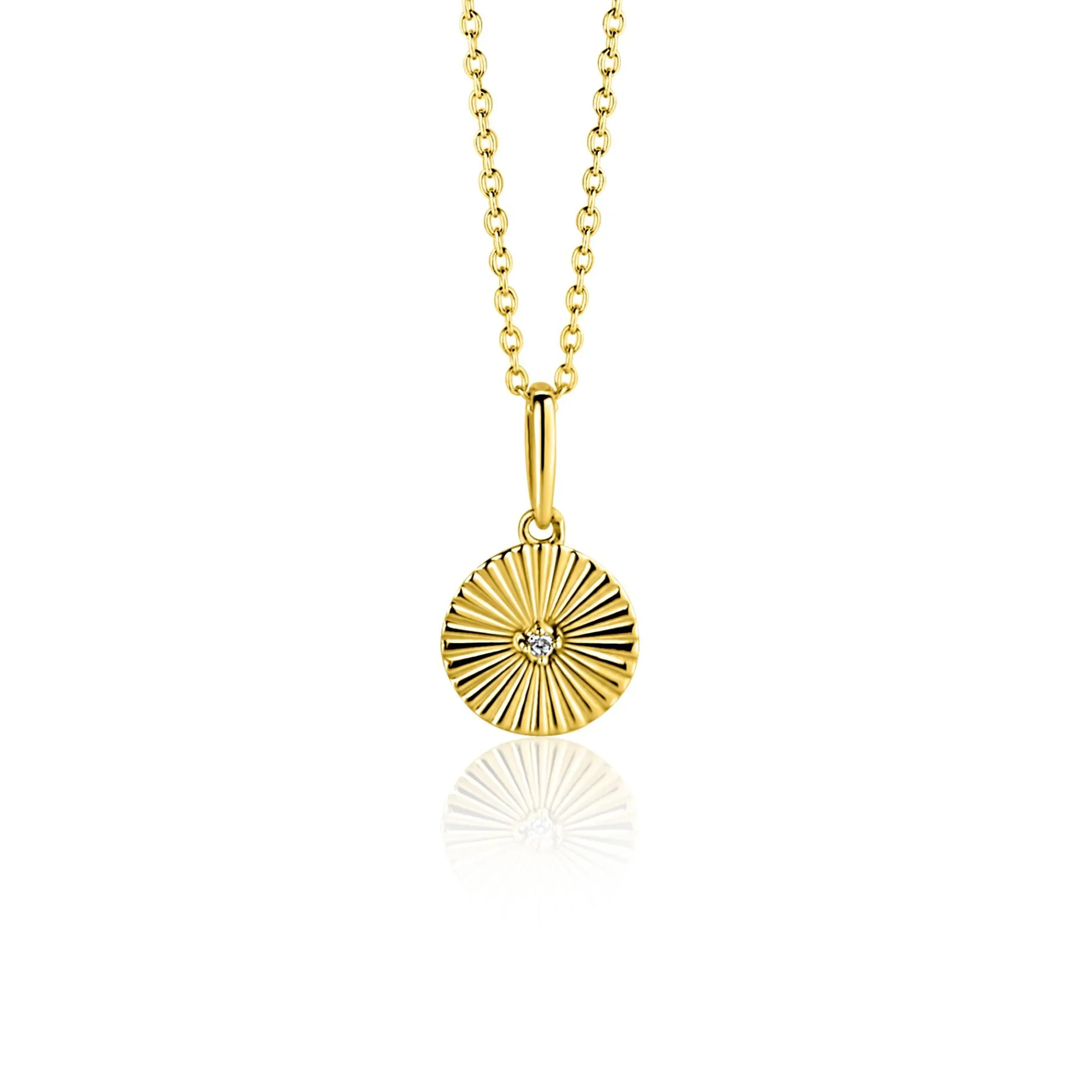 14mm ZINZI Gold 14 krt gouden hanger rond met zonnestralen en witte zirkonia ZGH542 (zonder collier)