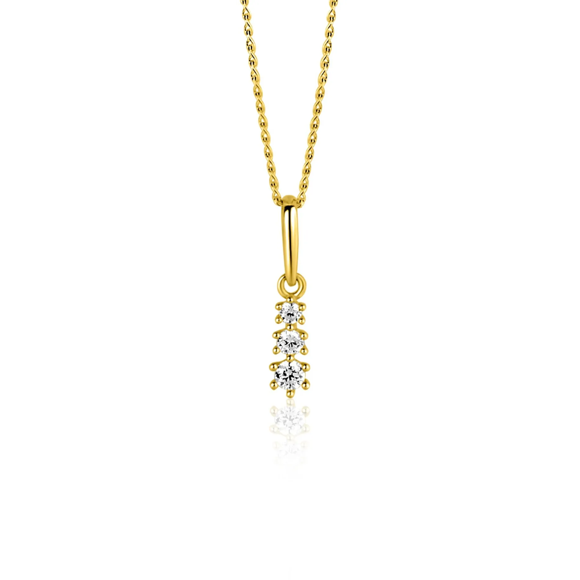 13mm ZINZI Gold 14 krt gouden hanger met drie witte zirkonia's ZGH543 (zonder collier)