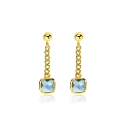 25mm ZINZI gold plated zilveren oorstekers met gourmet kettinkje en vierkante zetting bezet met indigo blauwe kleursteen ZIO2417G
