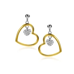20mm ZINZI gold plated zilveren oorstekers open hart 15mm en bungelend hartje bezet met witte zirconia's ZIO2621