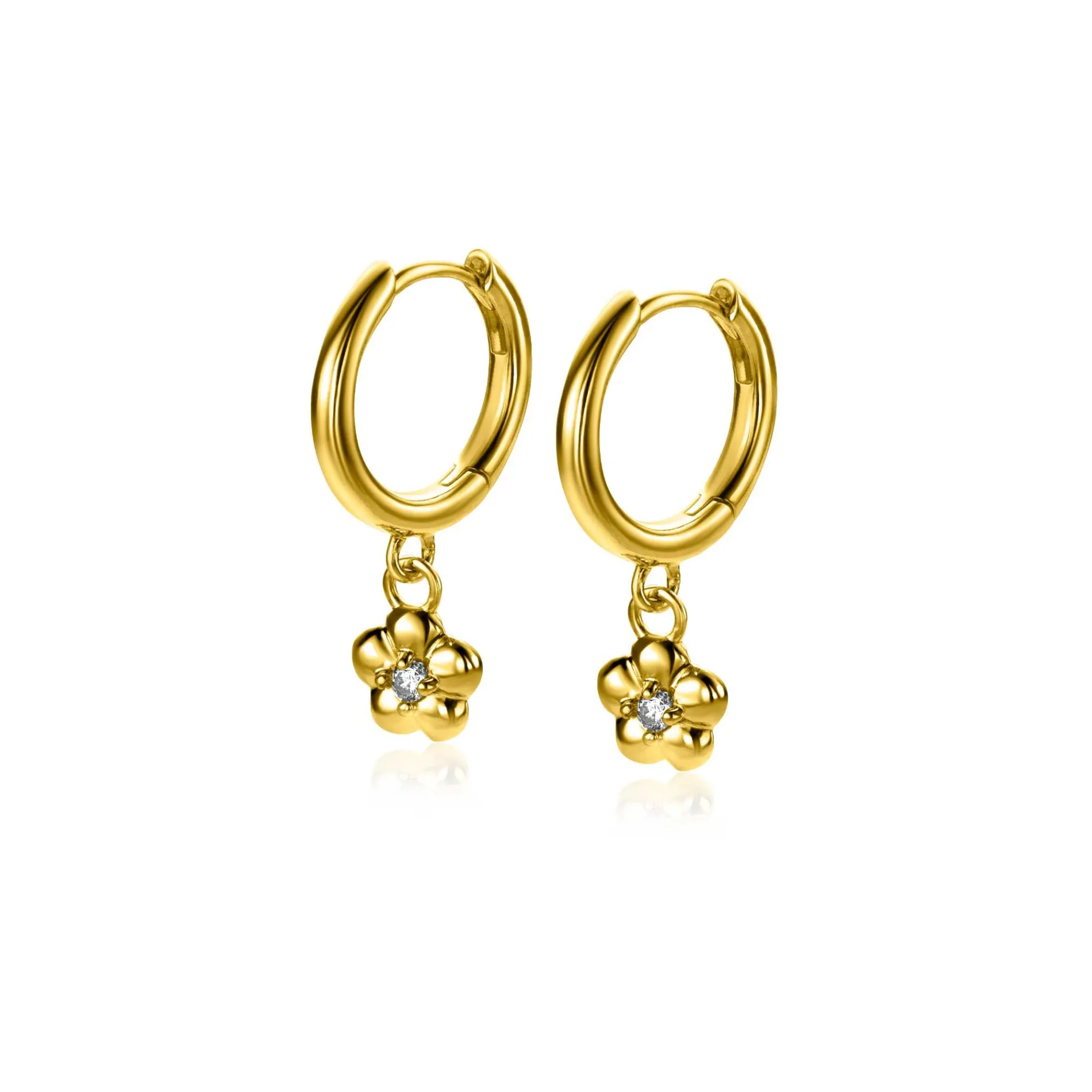 22mm ZINZI gold plated zilveren oorringen 14mm met bungelende bloemetjes bezet met witte zirconia ZIO2620
