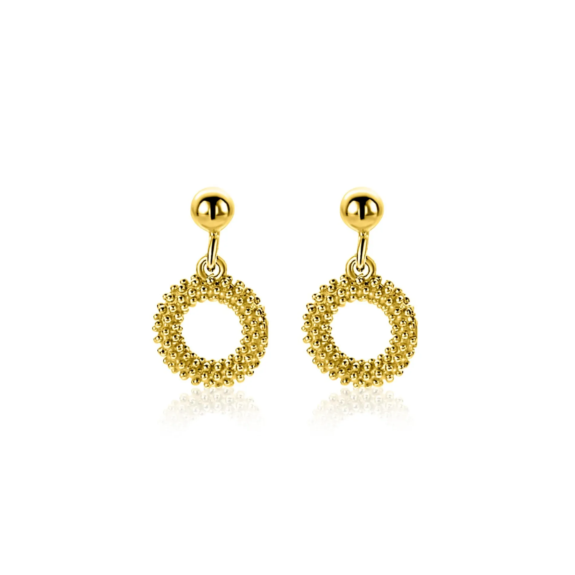 14mm ZINZI gold plated zilveren oorstekers met open rondje van 8,5mm voorzien van een bolstructuur ZIO2704G