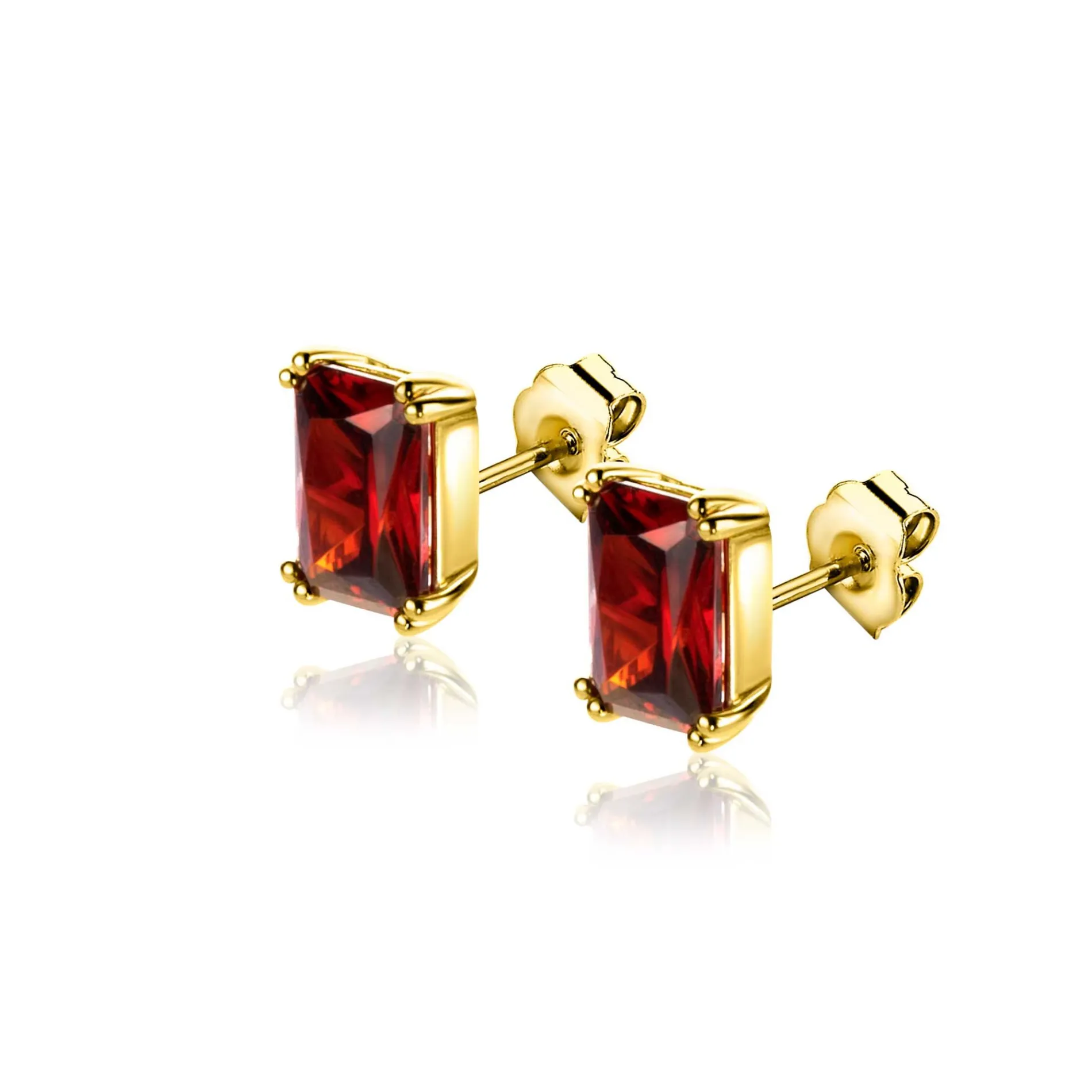 9mm ZINZI gold plated zilveren oorknoppen met een rechthoekige rood granaat kleursteen in vierpoots-zetting ZIO2392R