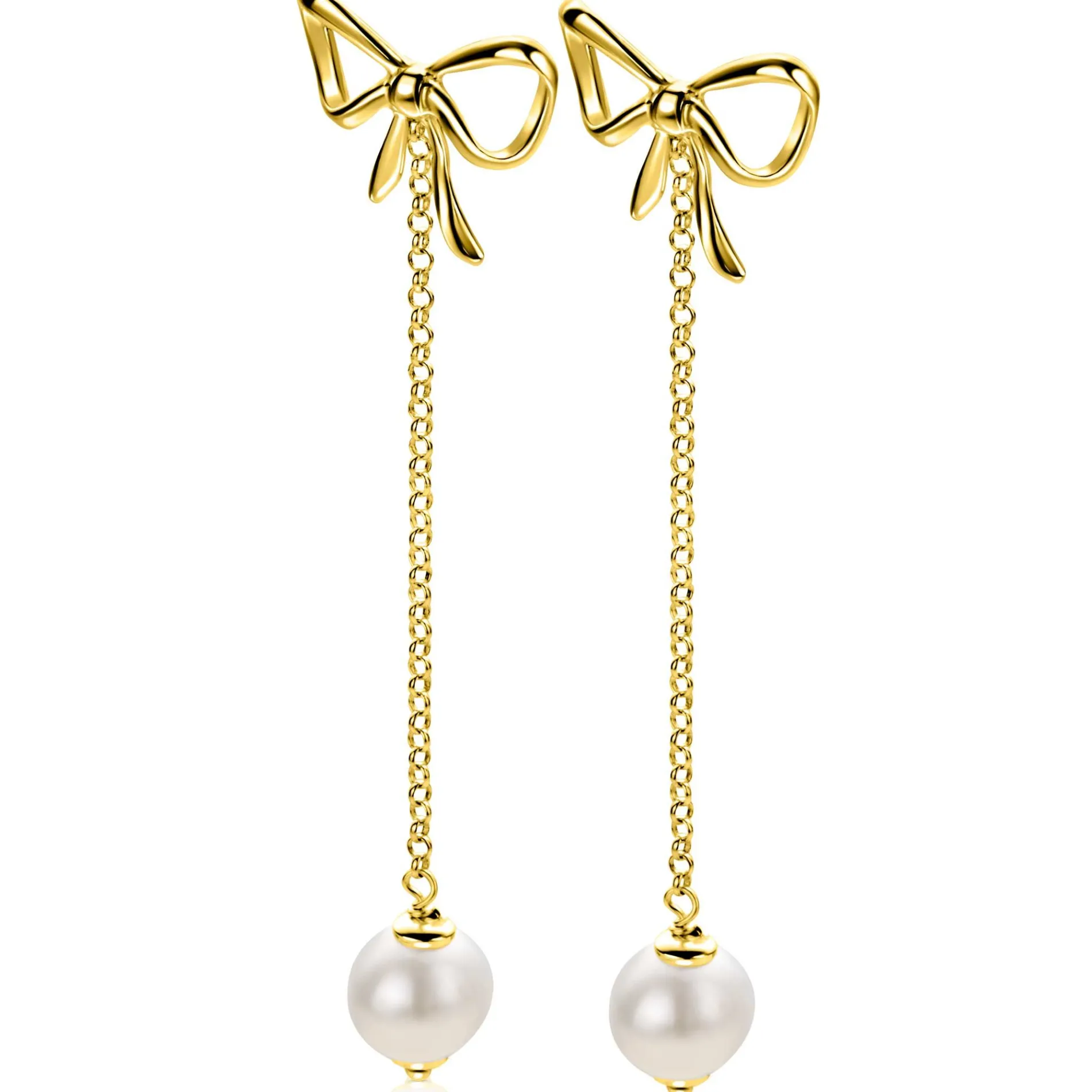 60mm ZINZI gold plated zilveren strik oorstekers met jasseron kettinkje en zoetwaterparel ZIO2677