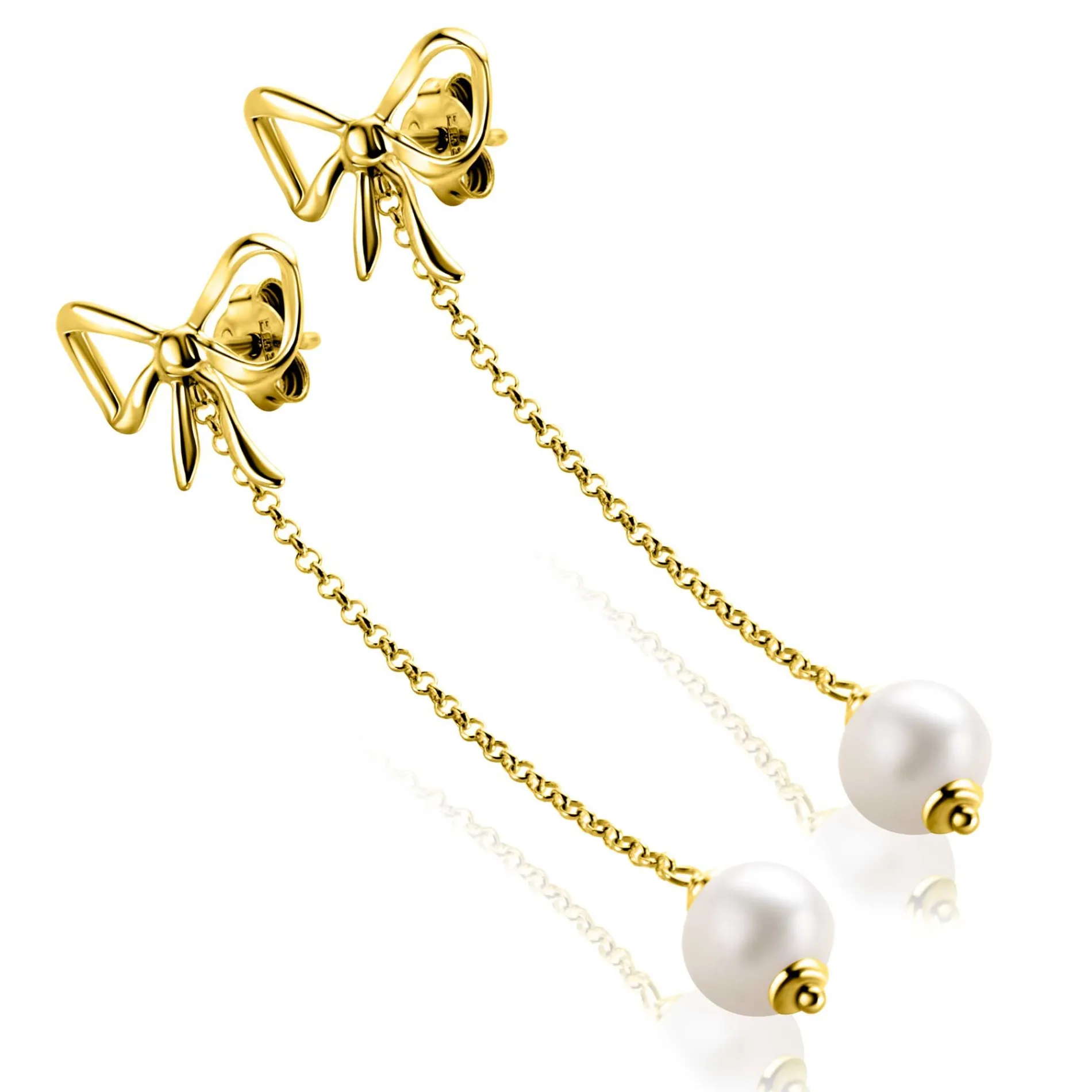 60mm ZINZI gold plated zilveren strik oorstekers met jasseron kettinkje en zoetwaterparel ZIO2677