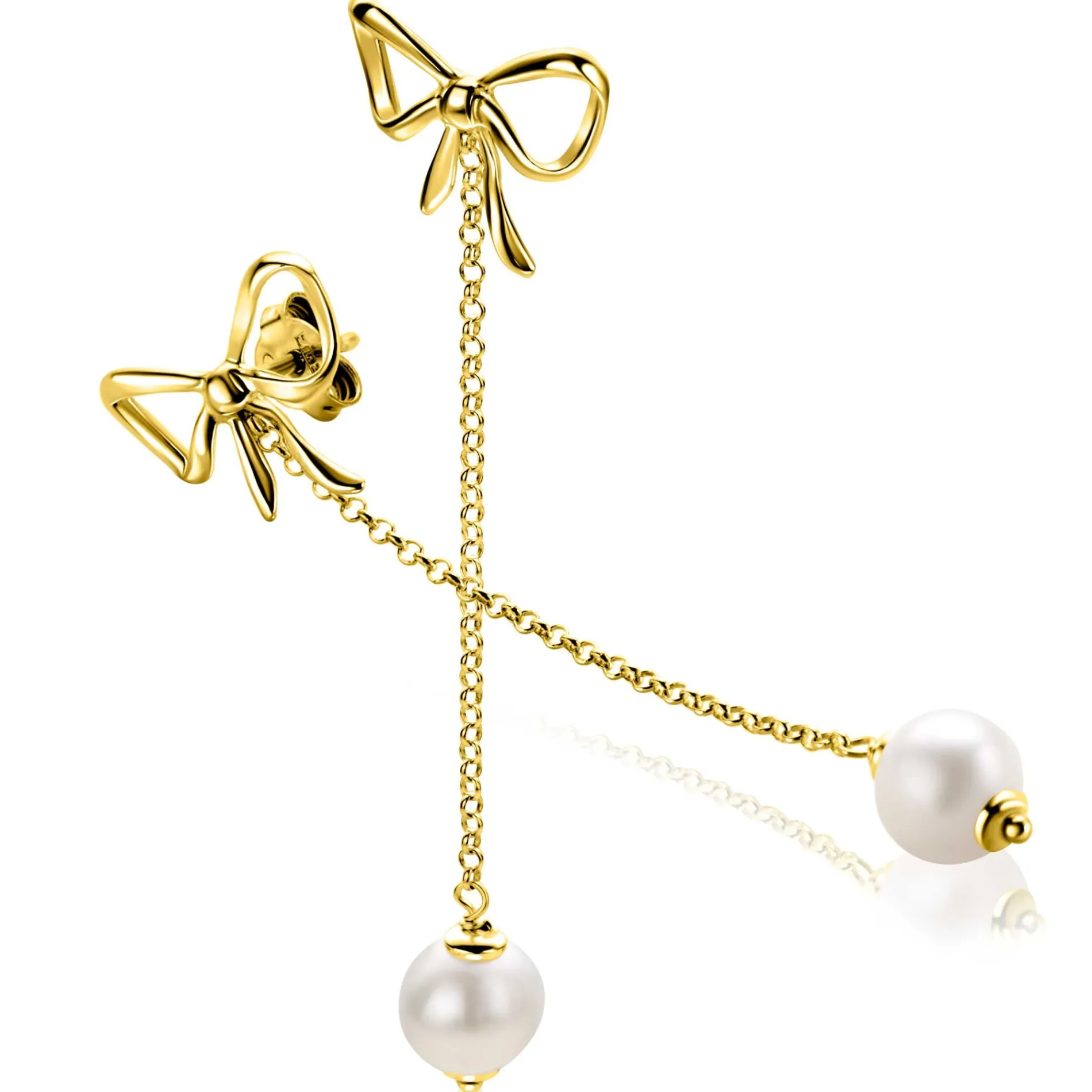 60mm ZINZI gold plated zilveren strik oorstekers met jasseron kettinkje en zoetwaterparel ZIO2677