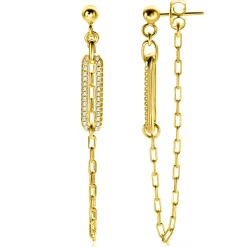 60mm ZINZI gold plated zilveren oorstekers met paperclip ketting en open ovale vorm bezet met witte zirconia's ZIO2538