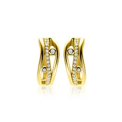 16mm ZINZI gold plated zilveren multi-look oorringen in golvend design, bezet met witte zirkonia's en luxe klapsluiting ZIO2685
