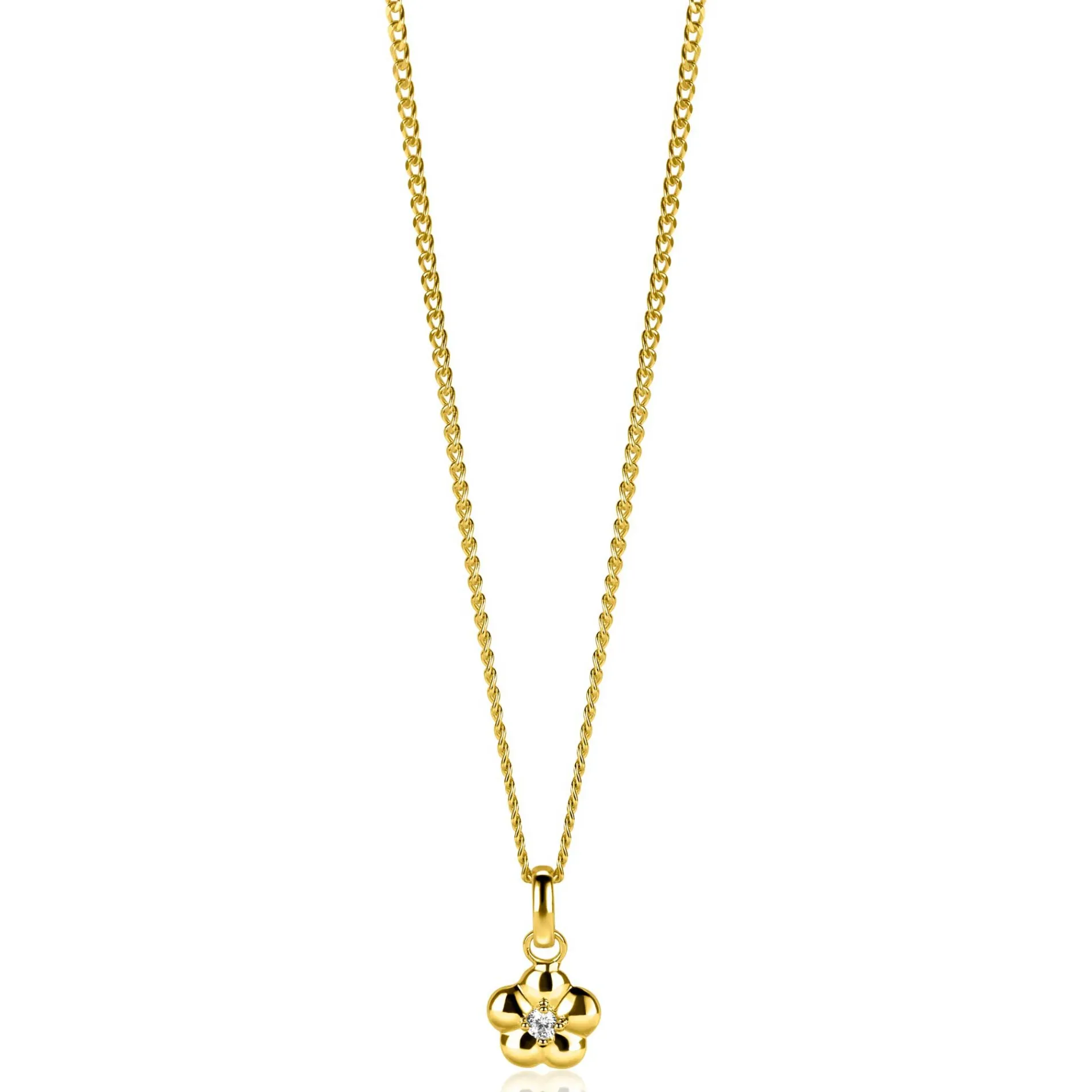 16mm ZINZI gold plated zilveren bloem hanger, bezet met witte zirconia ZIH2620 (zonder collier)