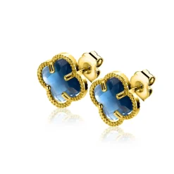 9mm ZINZI gold plated zilveren oorstekers in klaver vorm met donkerblauwe kleursteen ZIO2662DB