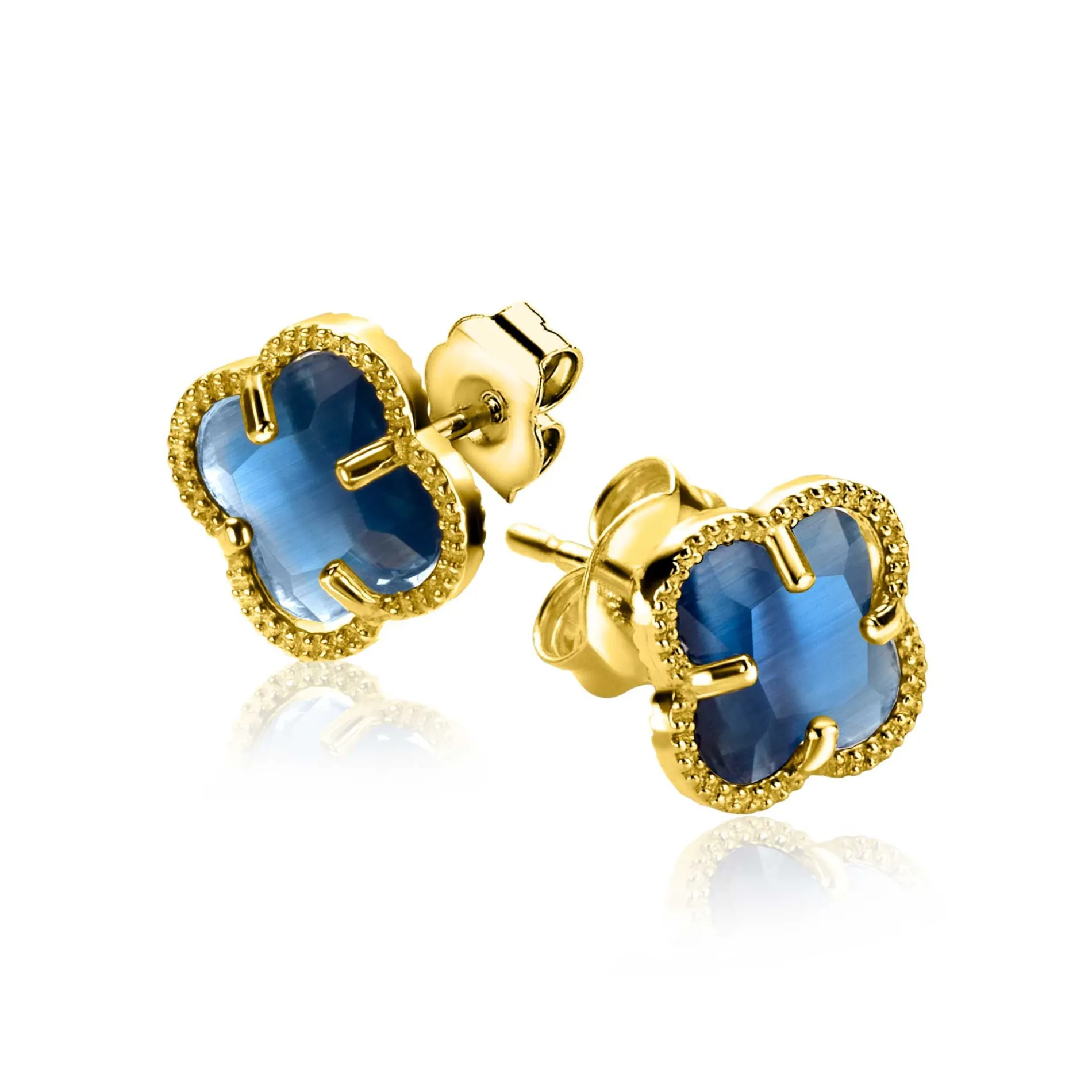 9mm ZINZI gold plated zilveren oorstekers in klaver vorm met donkerblauwe kleursteen ZIO2662DB