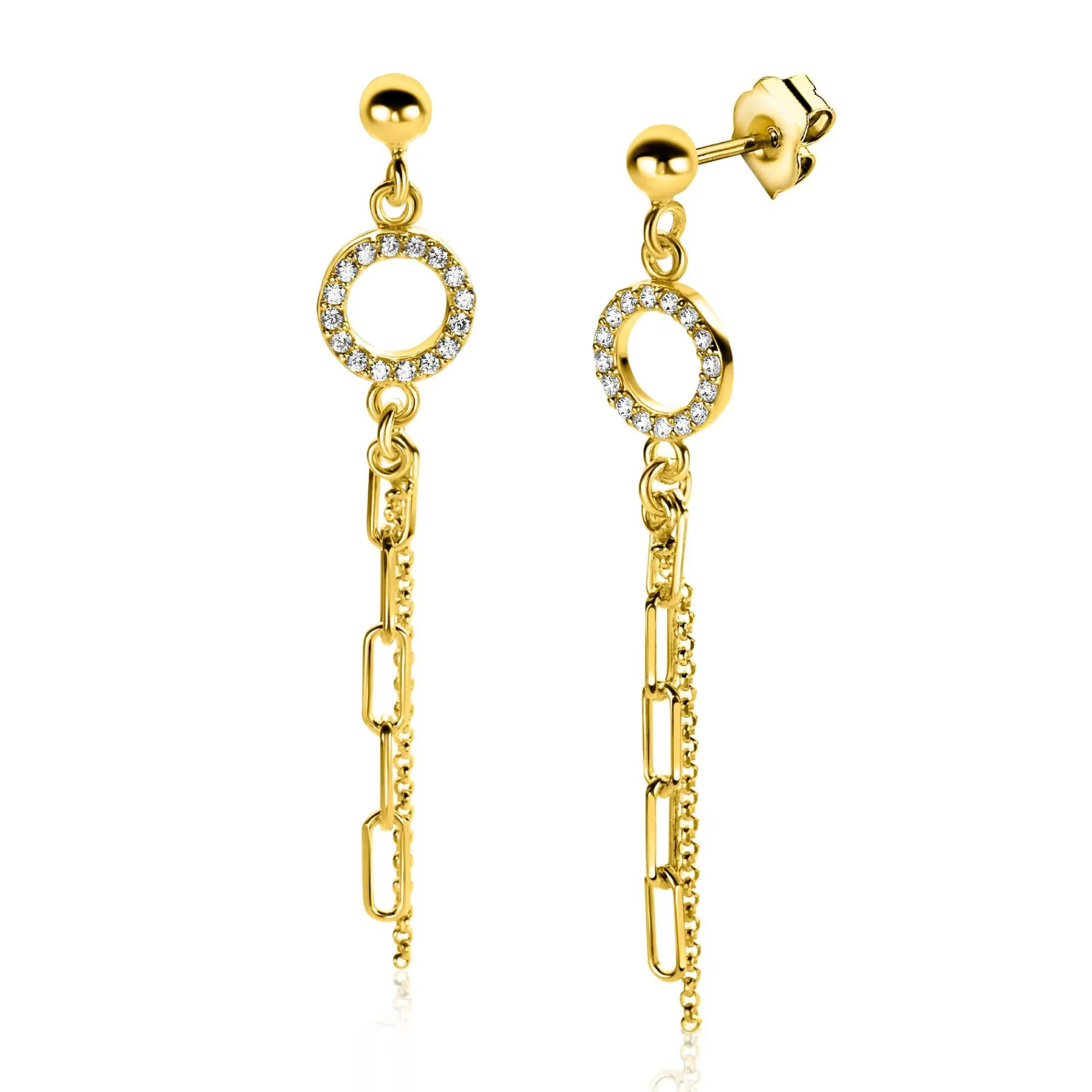 46mm ZINZI gold plated zilveren oorstekers met bungelende paperclip en gourmet schakels, bevestigd aan een open rondje bezet met witte zirconia's ZIO2464Y