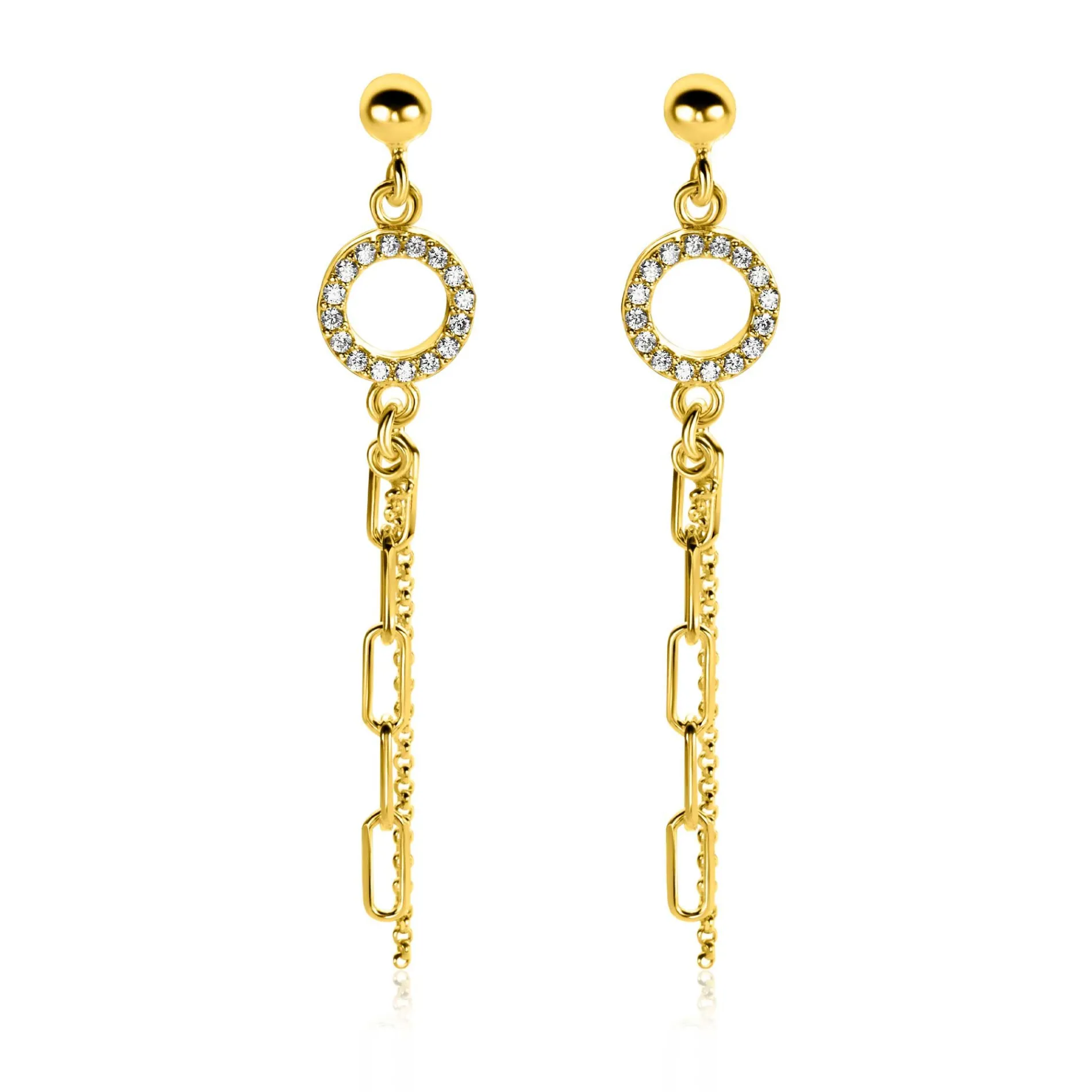 46mm ZINZI gold plated zilveren oorstekers met bungelende paperclip en gourmet schakels, bevestigd aan een open rondje bezet met witte zirconia's ZIO2464Y