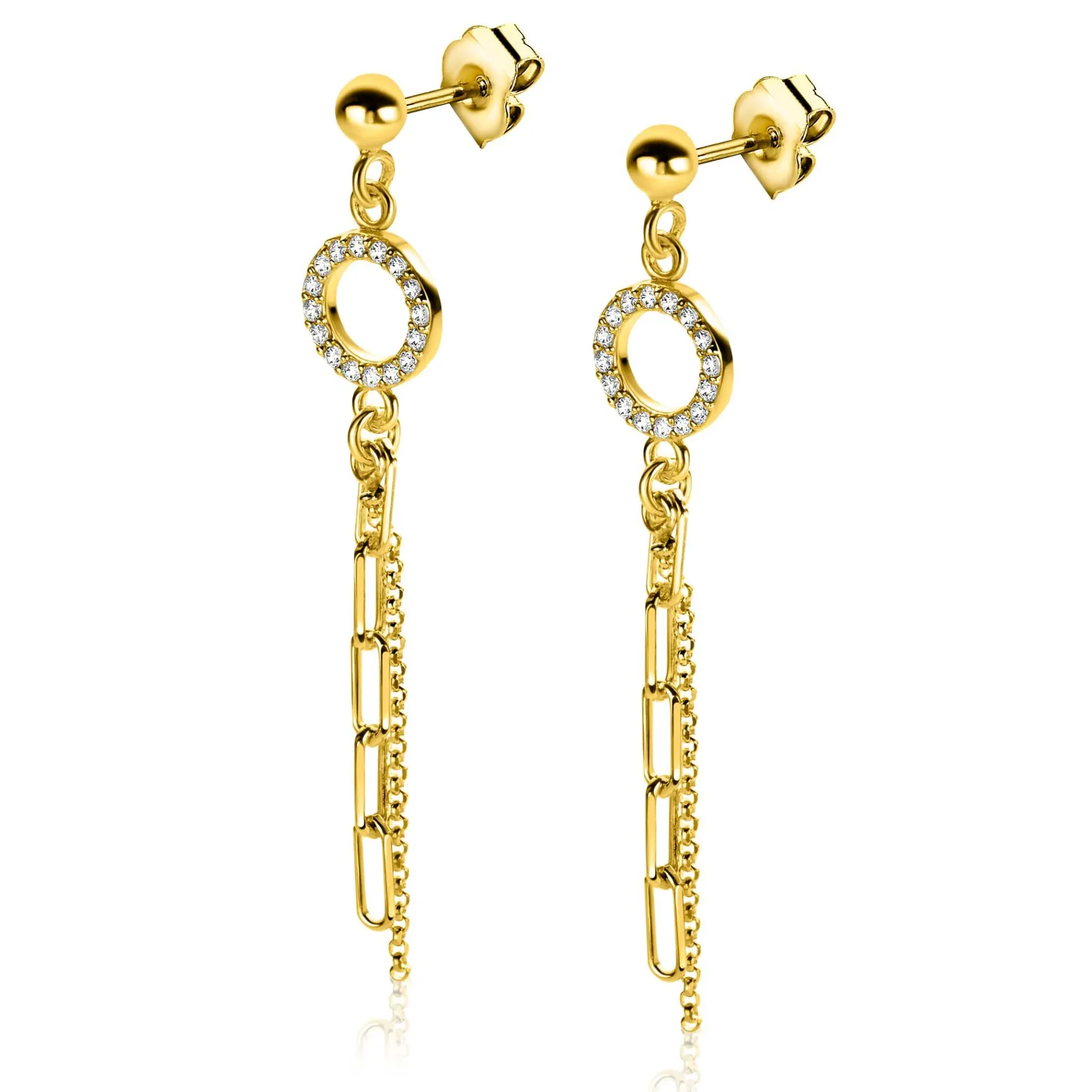 46mm ZINZI gold plated zilveren oorstekers met bungelende paperclip en gourmet schakels, bevestigd aan een open rondje bezet met witte zirconia's ZIO2464Y